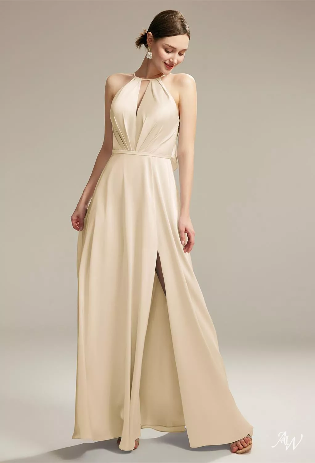 AW.Bridal A-Line Halter Neckline Floor Length Sleeveless Satin Split Long Bridesmaid Dresses Dress Champagne Size 16