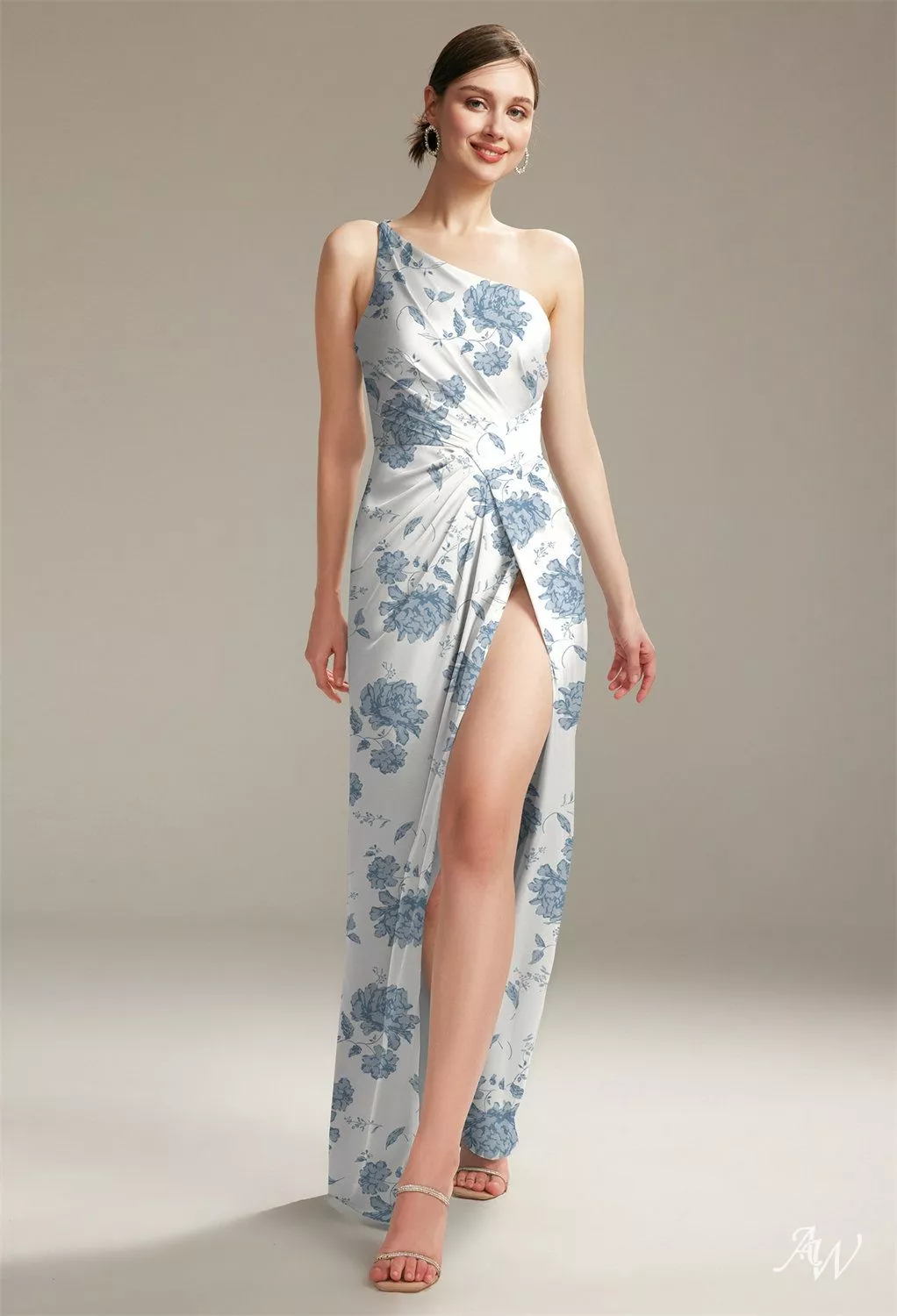 AW.Bridal Column One Shoulder Floor Length Sleeveless Satin Ruching Split Floral Bridesmaid Dresses Floral Dress Dusty Blue Peonies Size 6