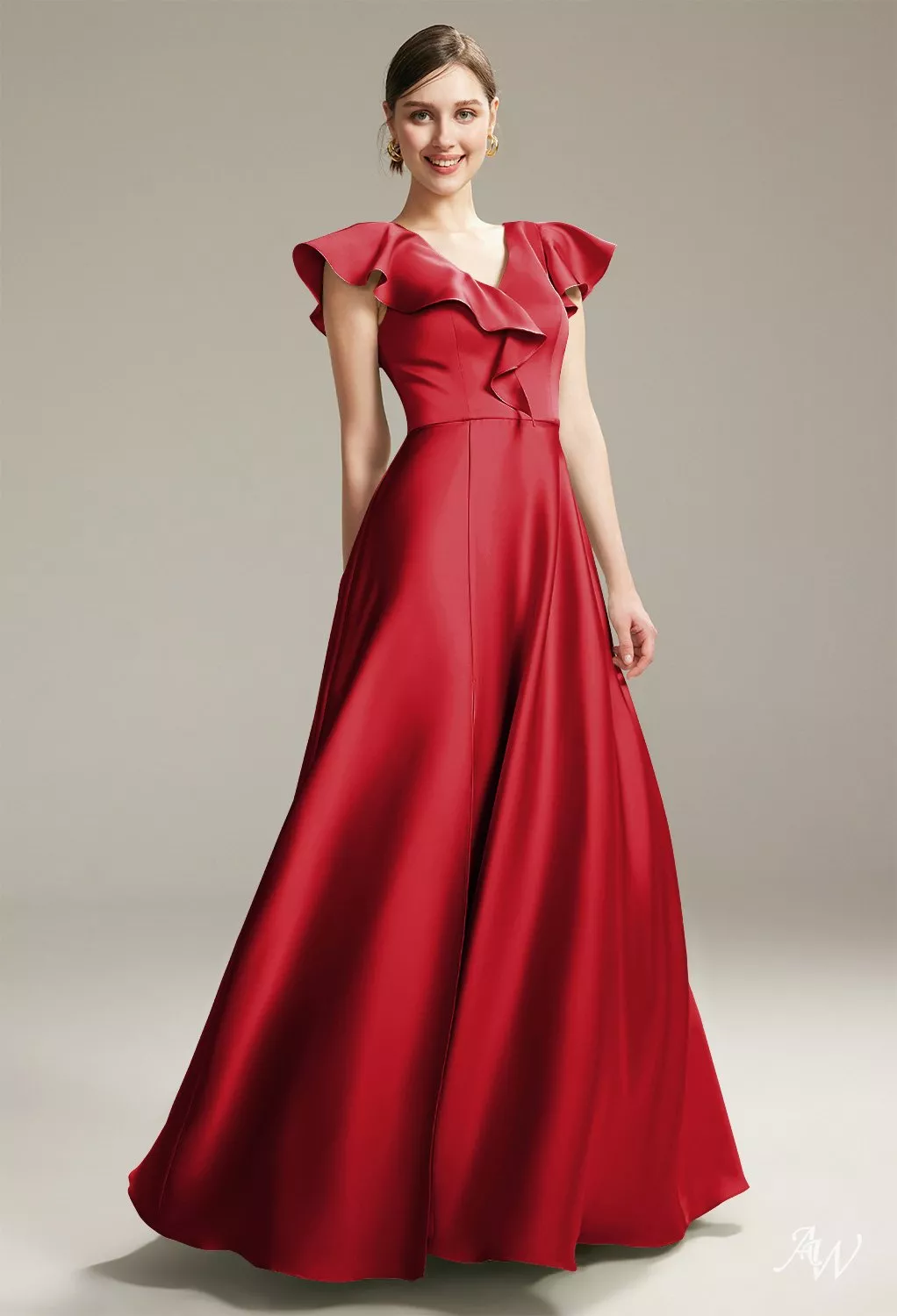 red dress floor length short sleeve Lace-Bodice Long A-Line Formal Dress with Short Sleeve Burgundy / 4XLarge main image 1