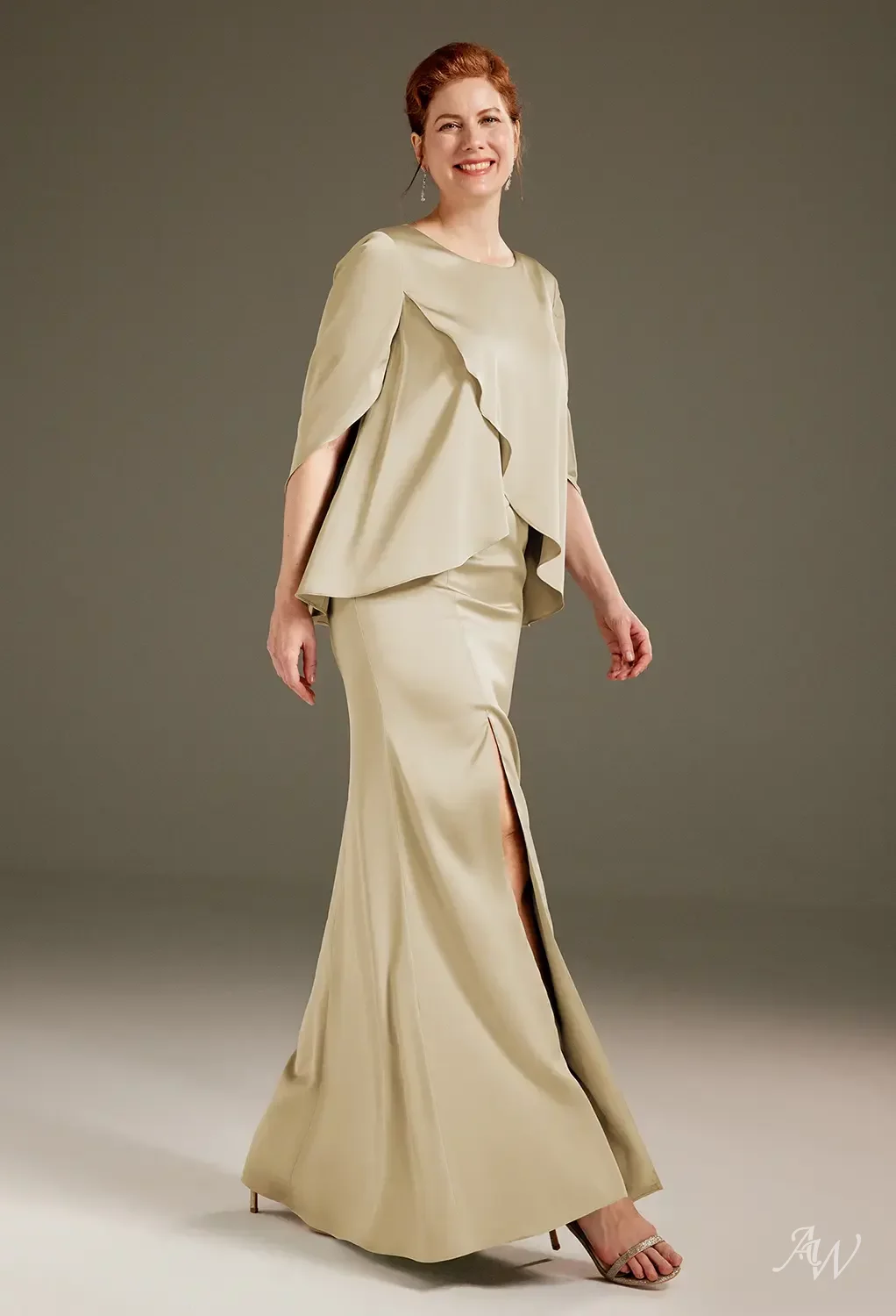 AW.Bridal Mermaid Bateau Neckline Floor Length Short Sleeves Satin Mother of the Bride Dresses Dress Light Gold Size 8