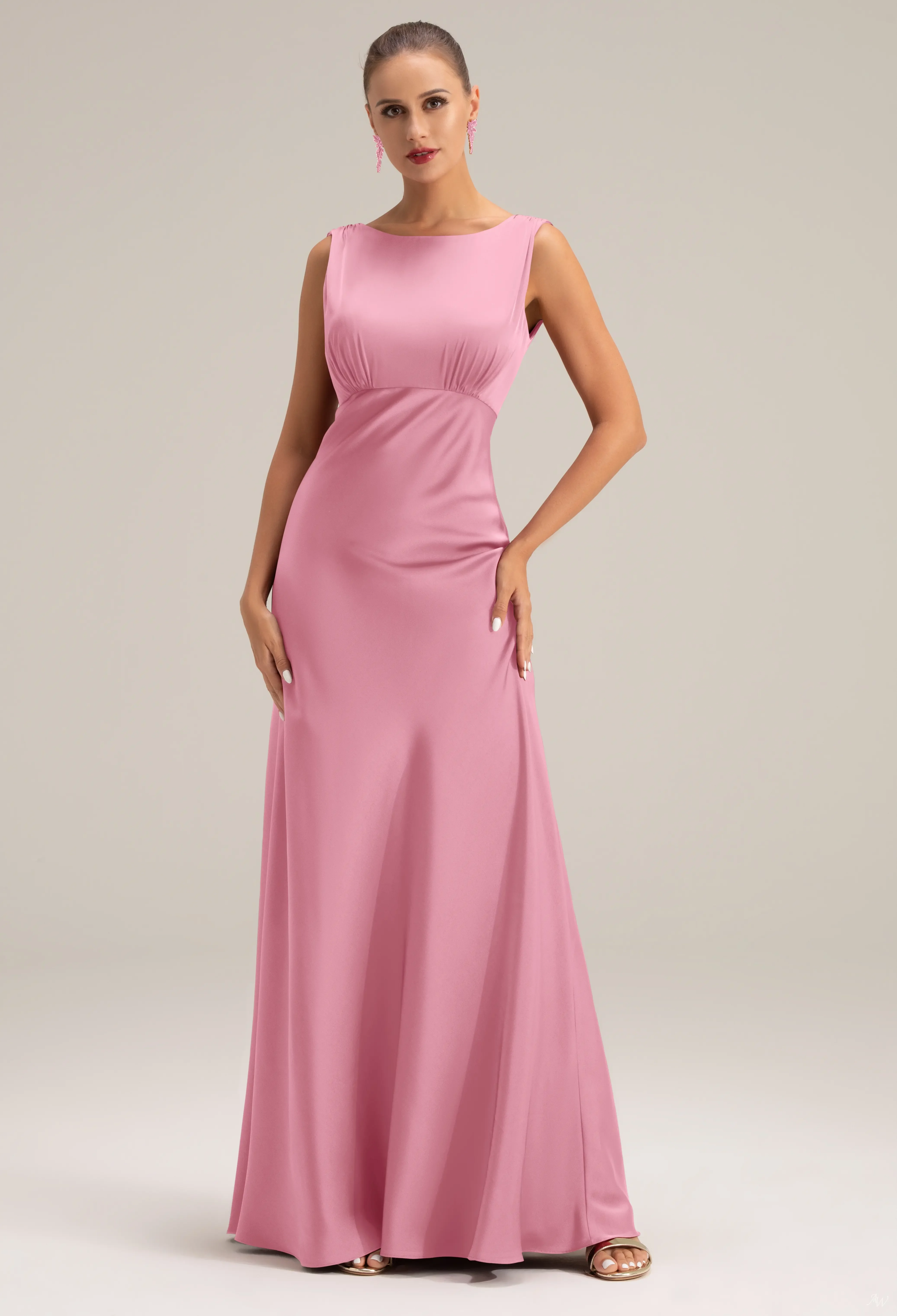 AW.Bridal Mermaid Bateau Neckline Floor Length Sleeveless Satin Long Bridesmaid Dresses Dress Coral Pink Size 6