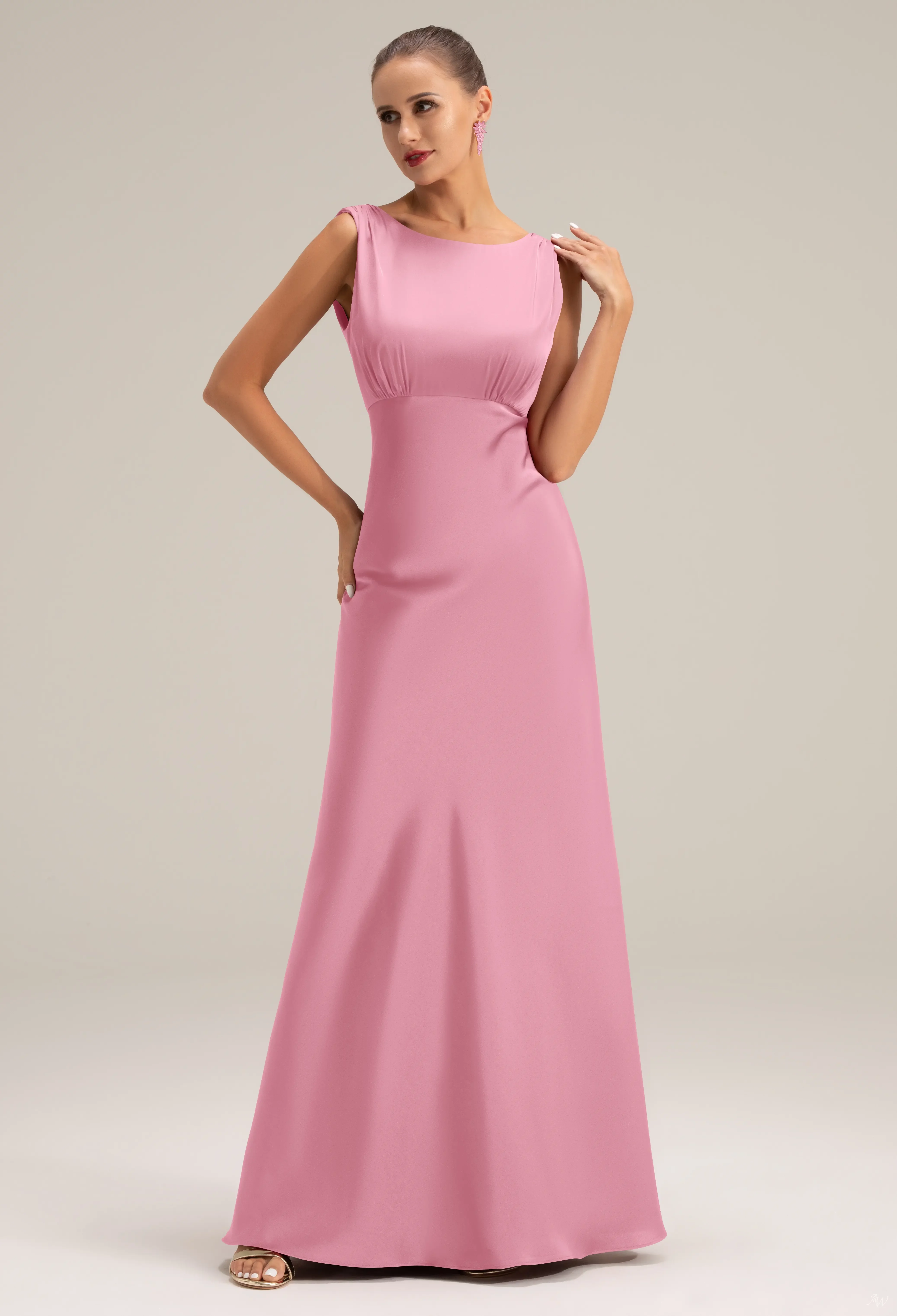 AW.Bridal Mermaid Bateau Neckline Floor Length Sleeveless Satin Long Bridesmaid Dresses Dress Coral Pink Size 6