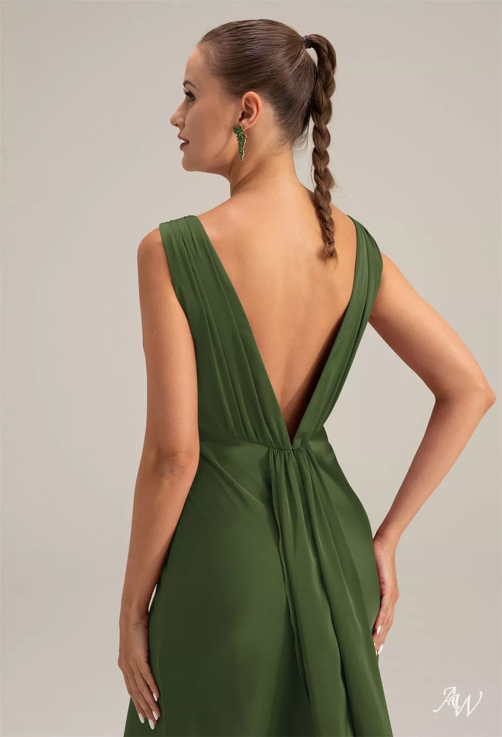 AW.Bridal Mermaid Bateau Neckline Floor Length Sleeveless Satin Long Bridesmaid Dresses Dress Green Olive Size 16