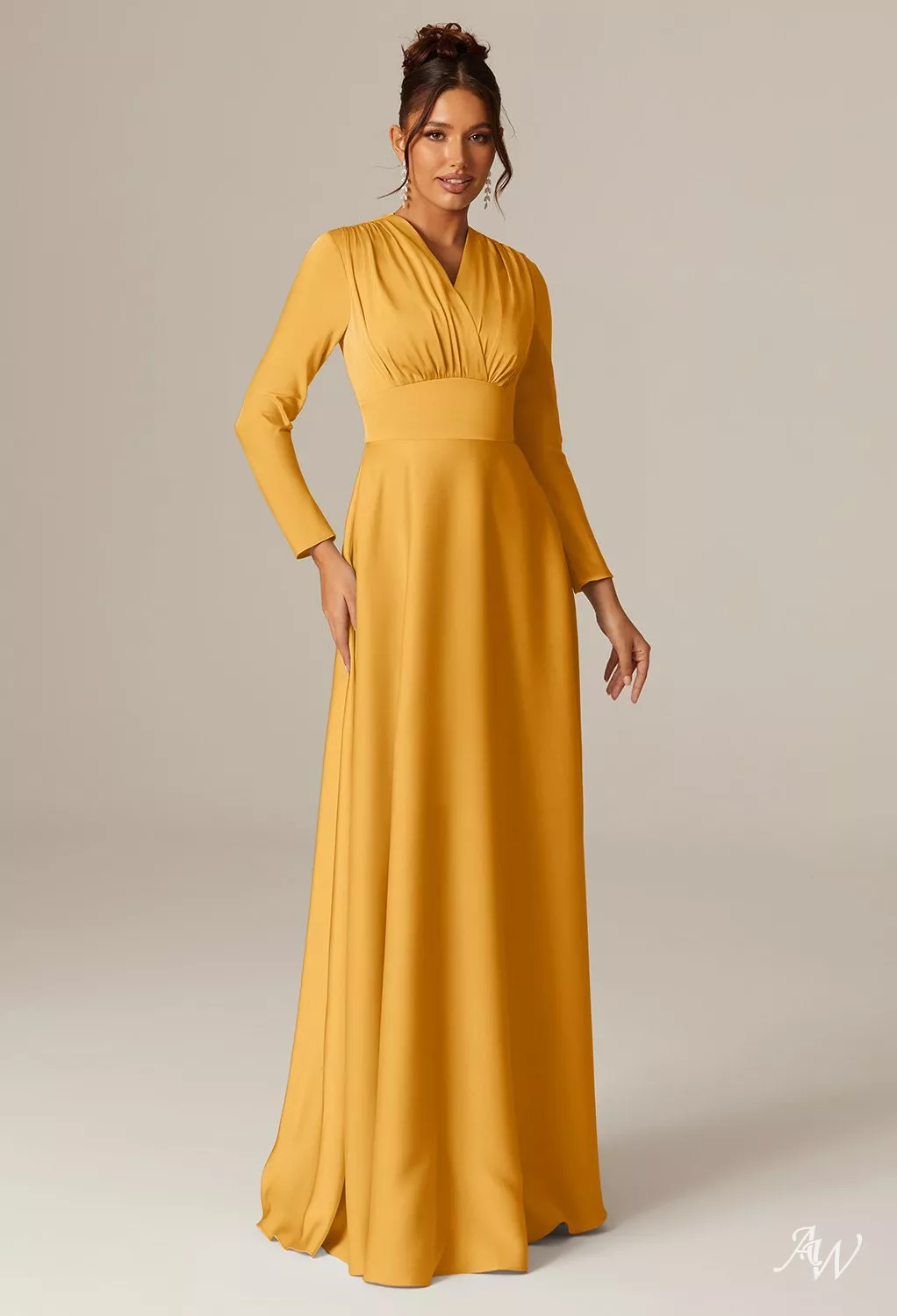 AW.Bridal A-Line V-Neck Floor Length Long Sleeves Satin Long Bridesmaid Dresses Dress Mango Size 8