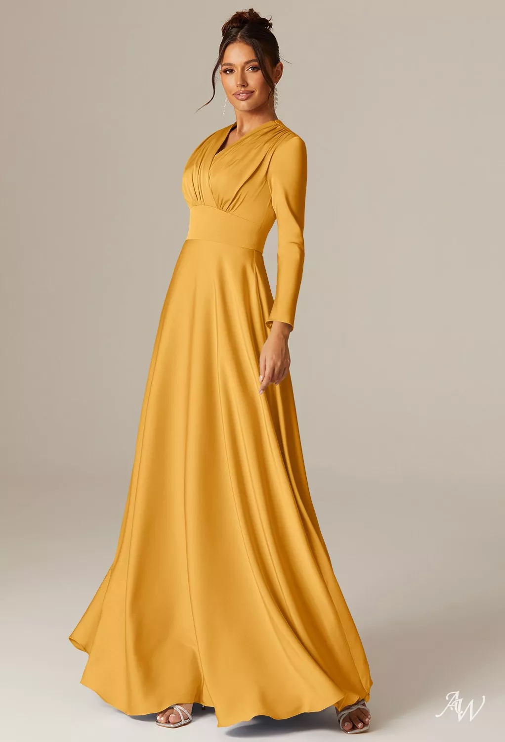 AW.Bridal A-line V-Neck Floor Length Long Sleeves Satin Long Bridesmaid Dresses Dress Mango Size 8