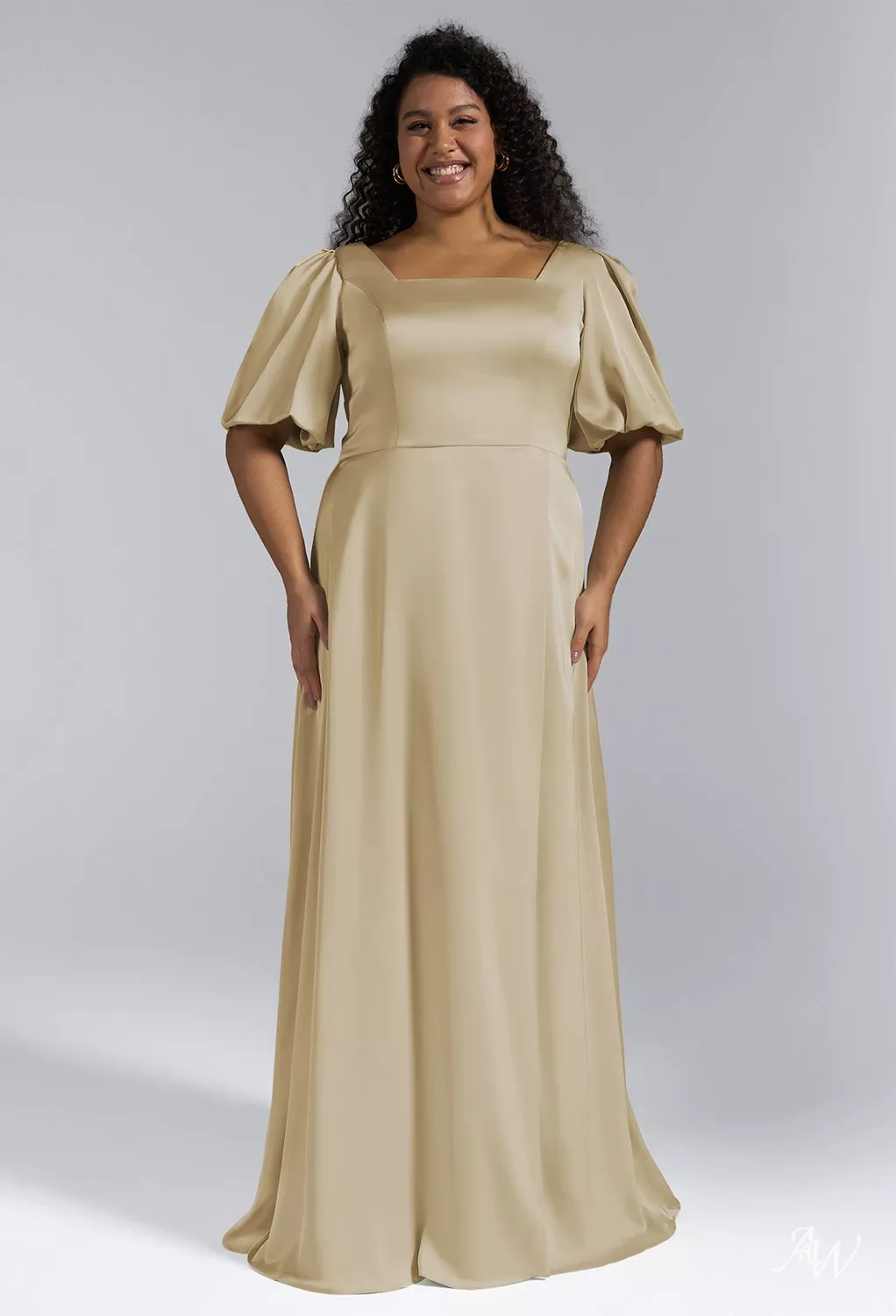 AW.Bridal A-line Square Neckline Floor Length Puff Sleeves Short Sleeves Satin Plus Size Dresses Dress Light Gold Size 8