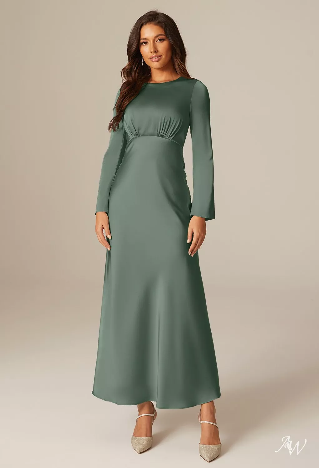 AW Ginevra Dress, Taupe Crystal Satin Satin Charmeuse Stretch Satin Ankle  Length Bateau Neckline Bridesmaid Dresses | AW.Bridal