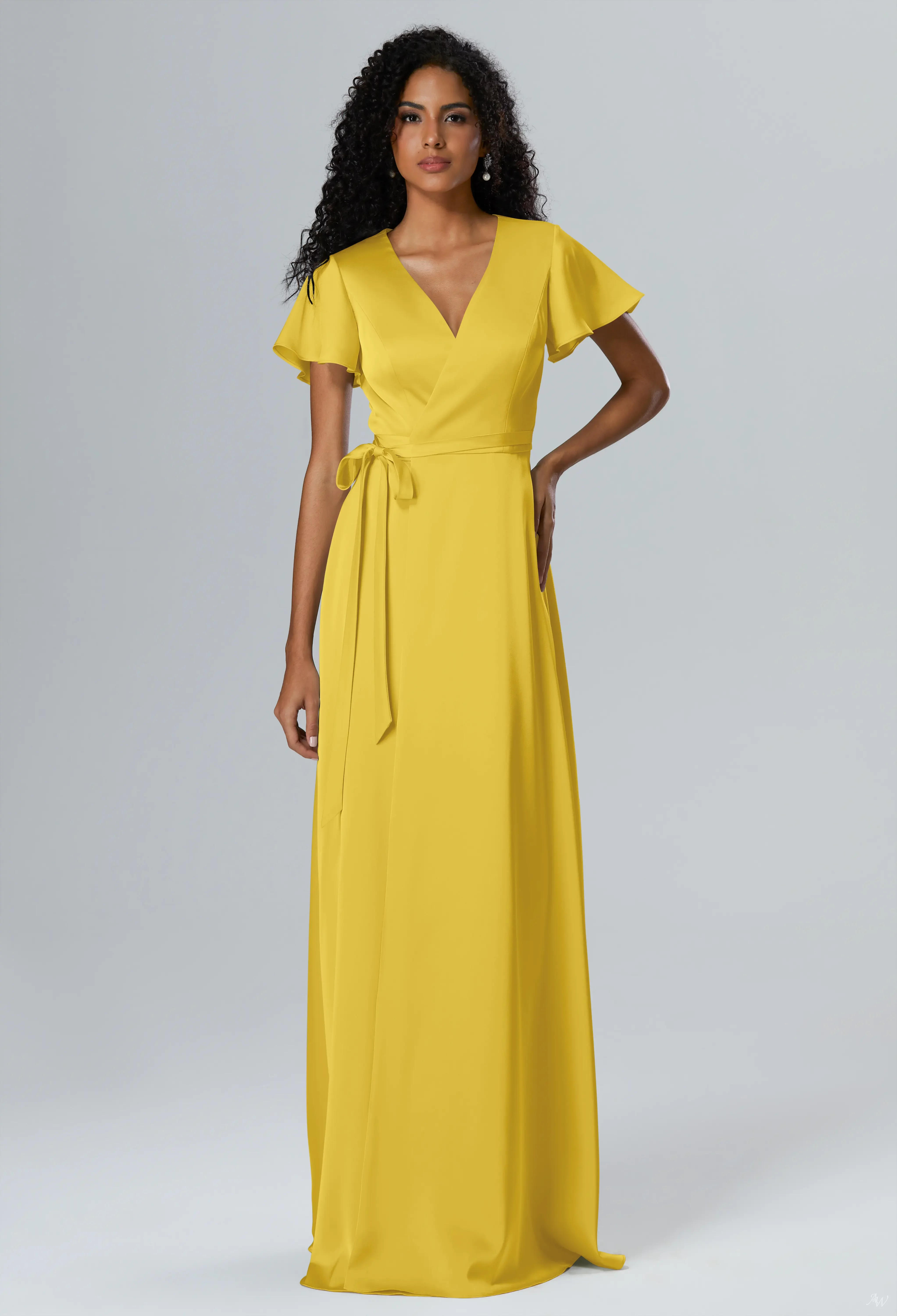 daffodil bridesmaid dresses Fable Charming A-Line V-Neck Ruched Satin Bridesmaid Dresses, Daffodil main image 1