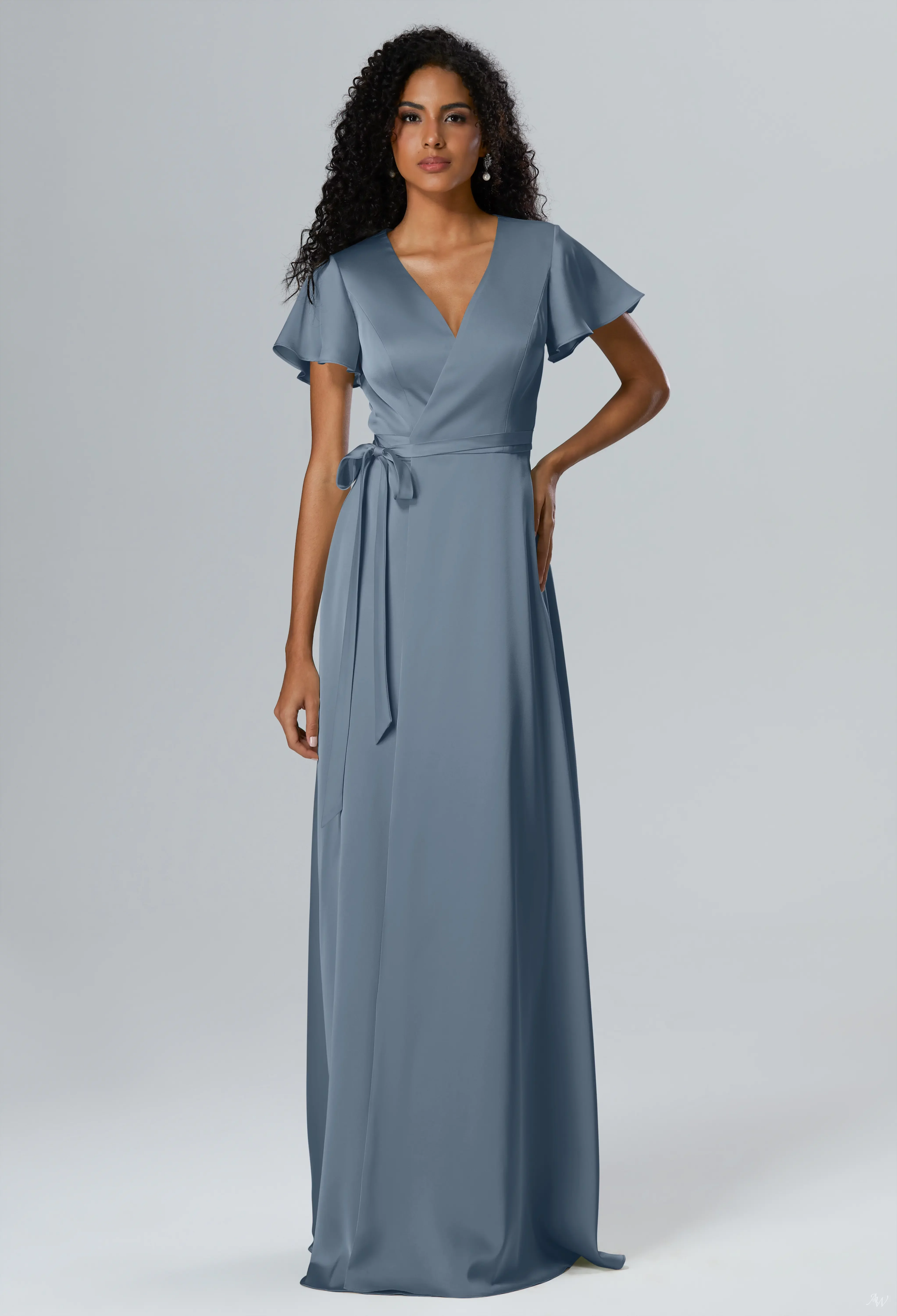 AW.Bridal A-line V-Neck Floor Length Short Sleeves Satin Plus Size Dresses Dress Slate Gray Size 16