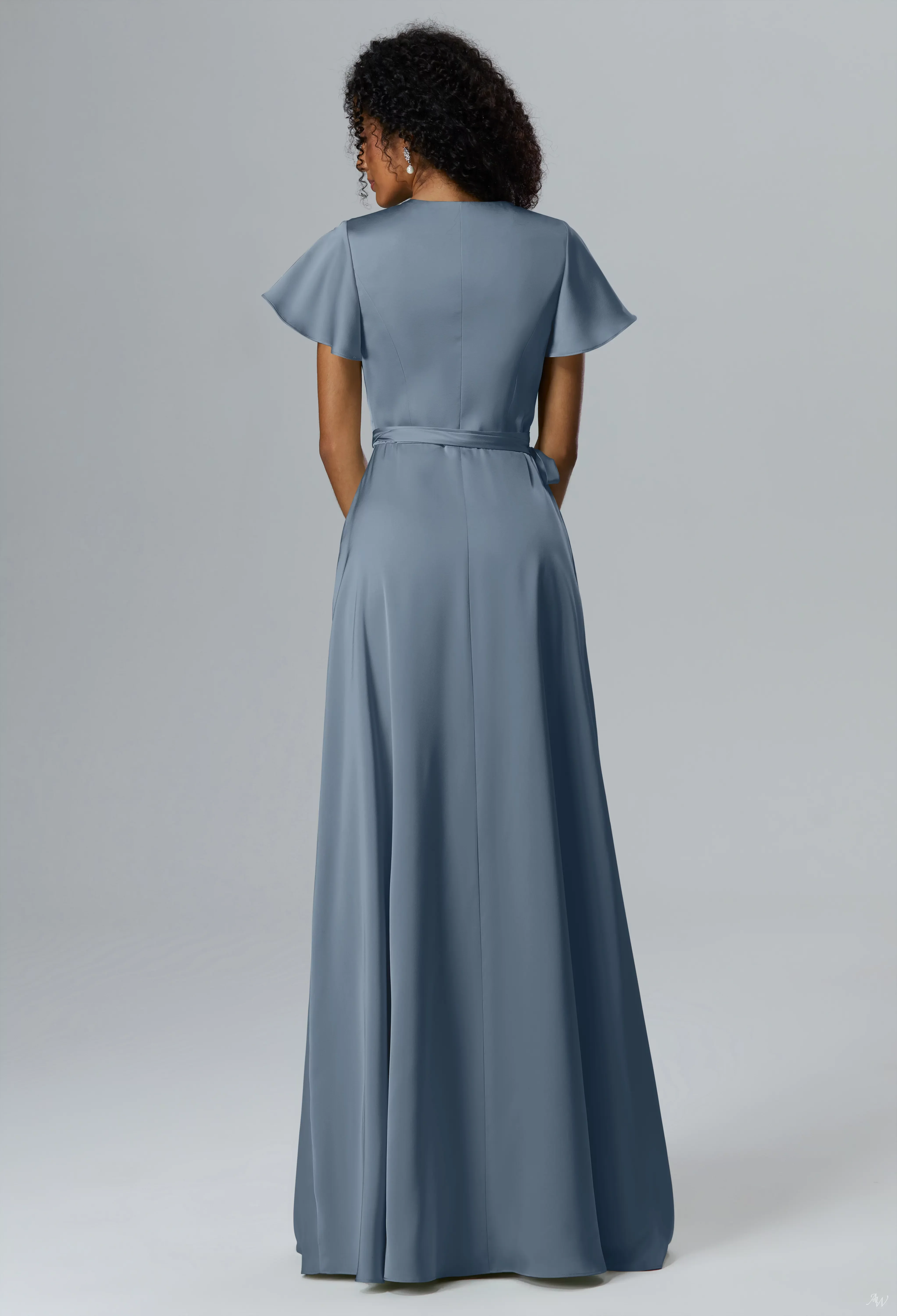 AW.Bridal A-Line V-Neck Floor Length Short Sleeves Satin Plus Size Dresses Dress Slate Gray Size 6