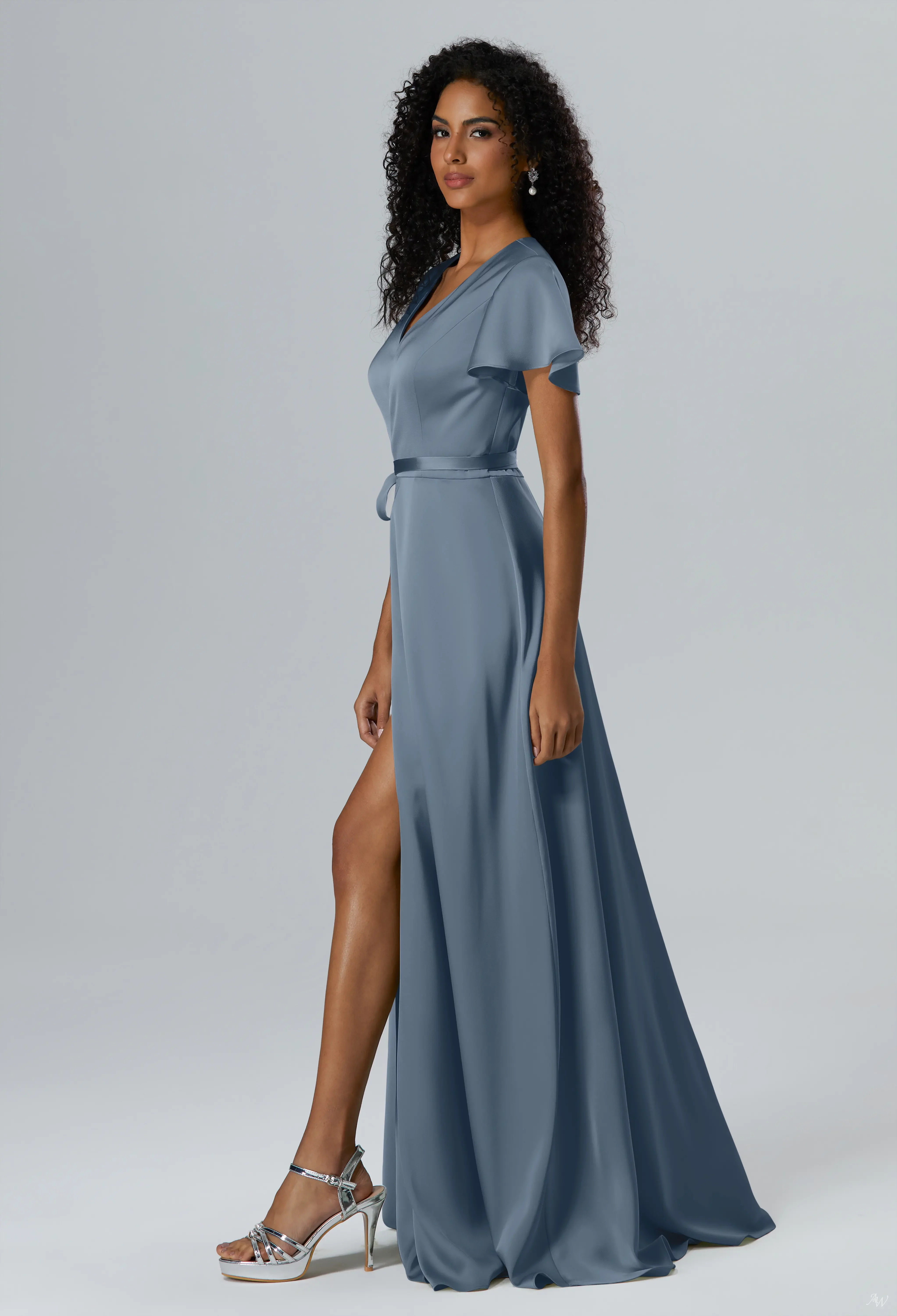 AW.Bridal A-Line V-Neck Floor Length Short Sleeves Satin Plus Size Dresses Dress Slate Gray Size 6