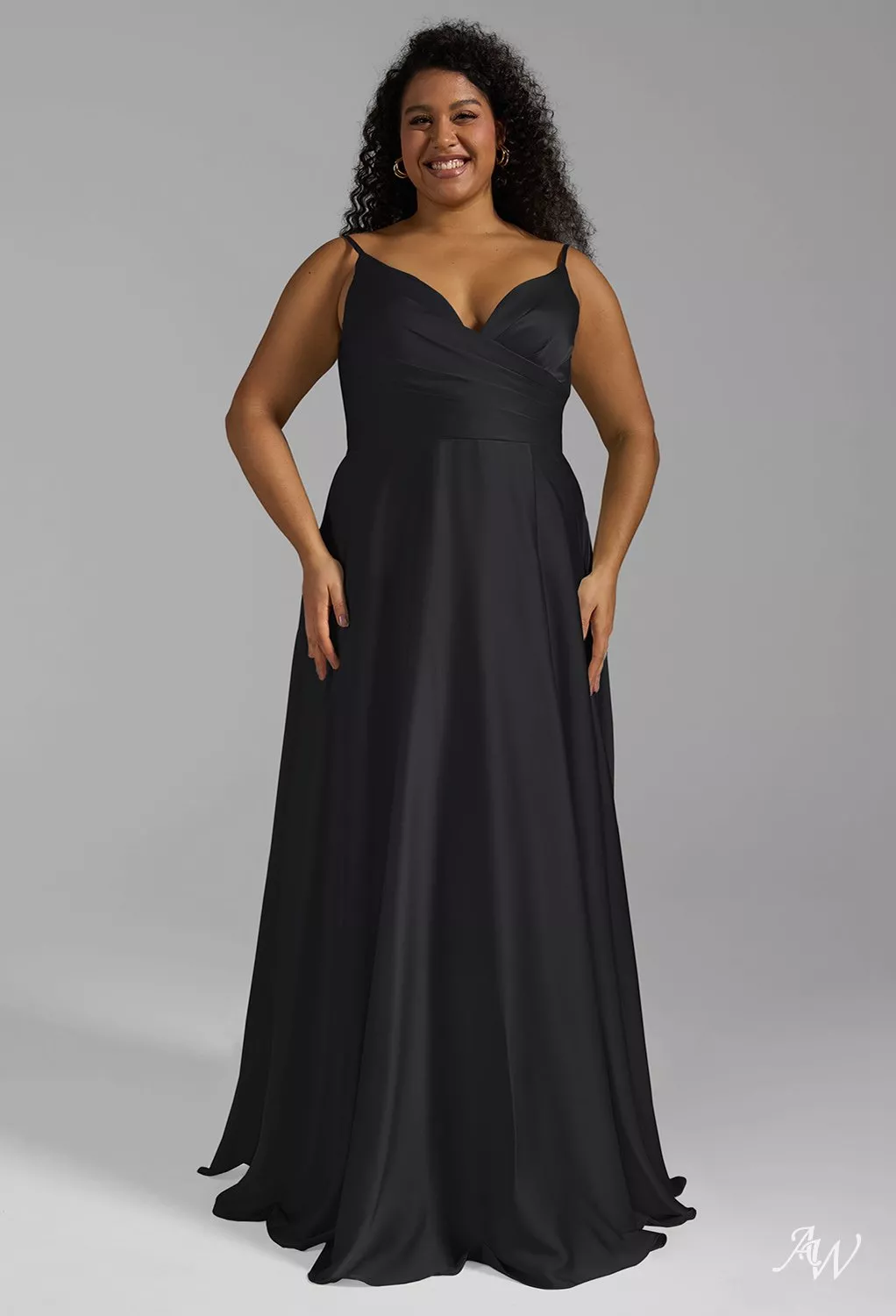 AW.Bridal A-Line V-Neck Floor Length Sleeveless Spaghetti Straps Satin Ruching Split Plus Size Dresses Dress Black Metallic Plus Size 16