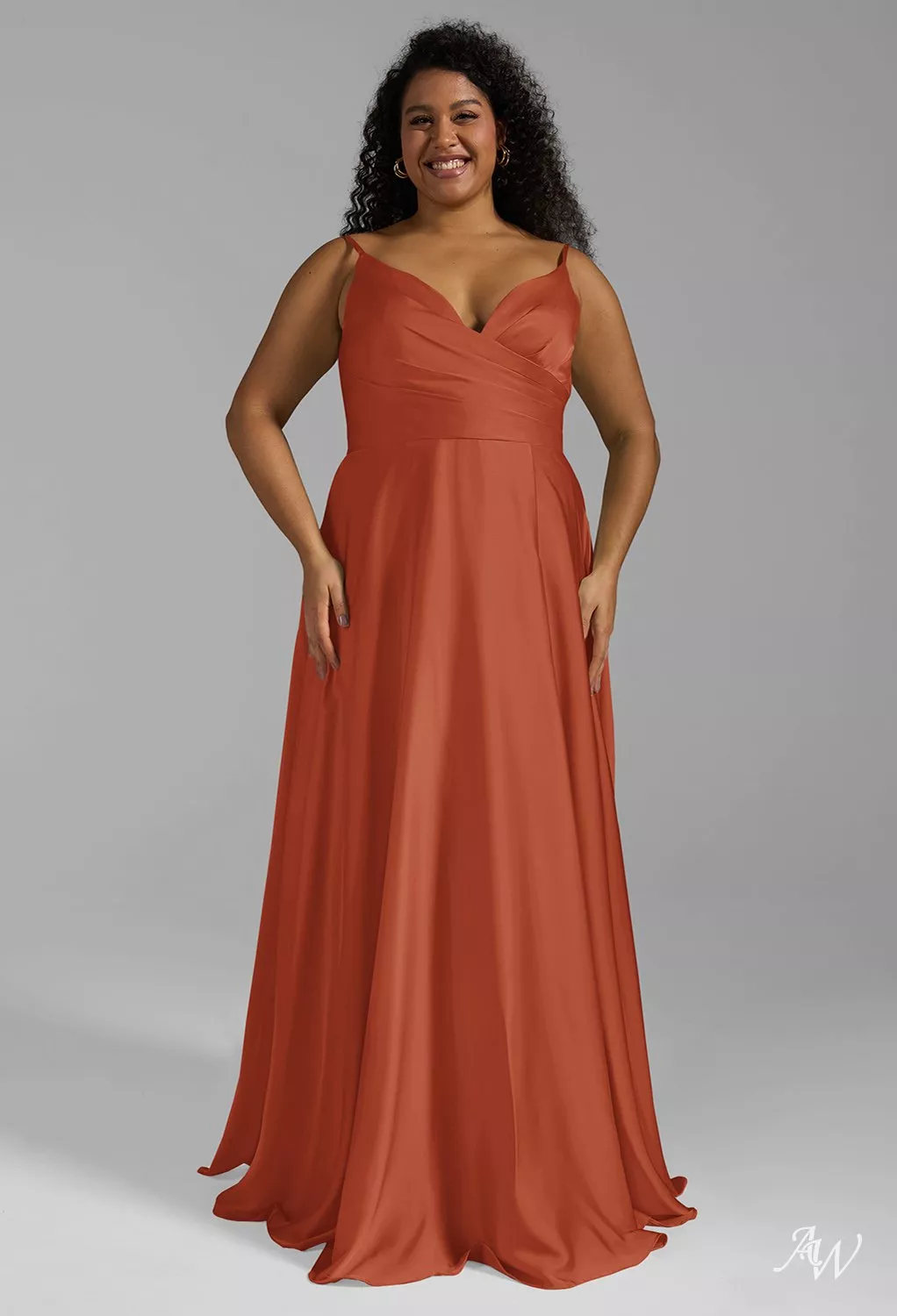 AW.Bridal A-Line V-Neck Floor Length Sleeveless Spaghetti Straps Satin Ruching Split Long Bridesmaid Dresses Dress Tangerine Plus Size 16
