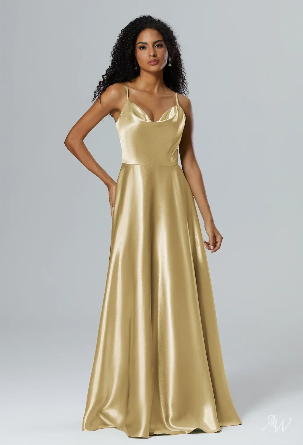 green emerald velvet dress Elegant Spaghetti Strap Gold Satin Bridesmaid Dress – FancyVestido main image 1