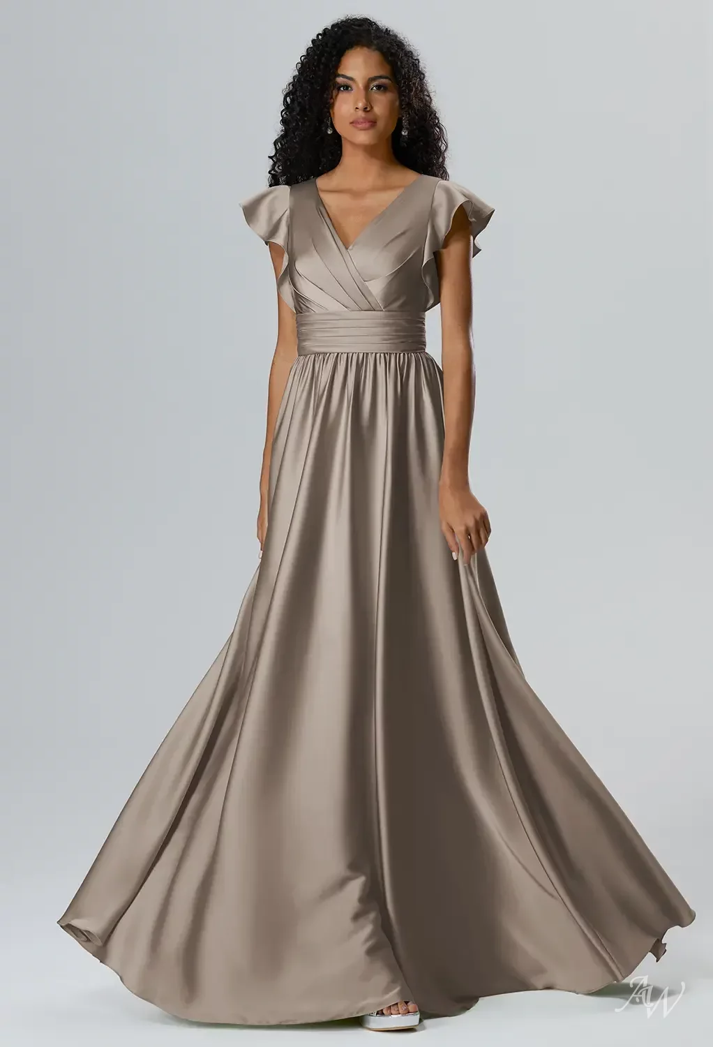 AW.Bridal A-line V-Neck Floor Length Short Sleeves Satin Cutout Long Bridesmaid Dresses Dress Timber Wolf Size 8