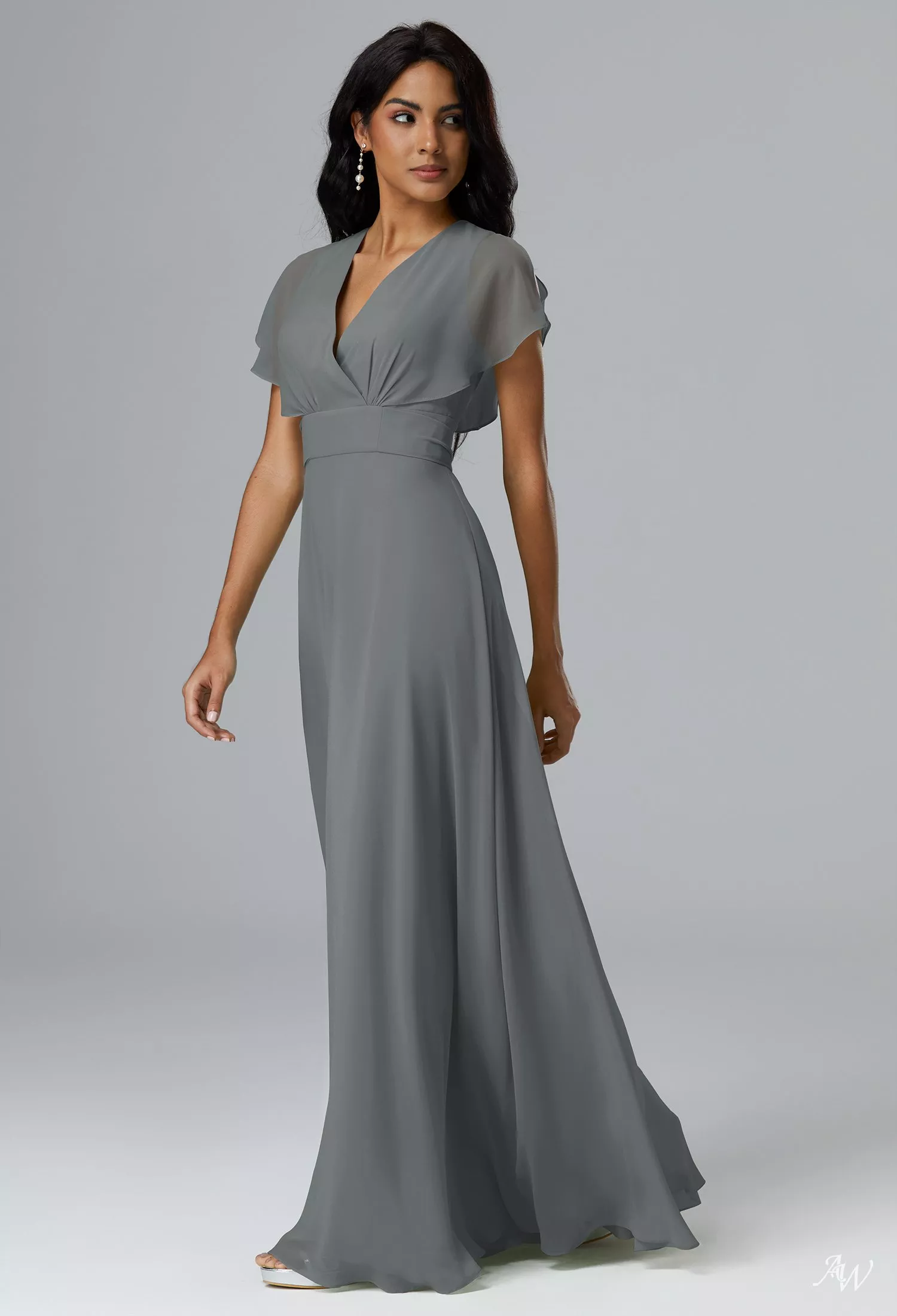 AW.Bridal A-Line V-Neck Floor Length Short Sleeves Chiffon Long Bridesmaid Dresses Steel Gray Size 6