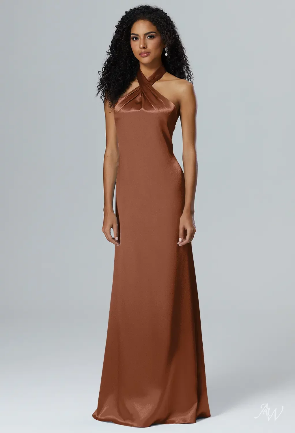 tan bridesmaid dresses Azazie Karina Champagne Chiffon a showstopping bridesmaid dress for a glamorous wedding. L184009 Long V-neck Belsoie Tiffany