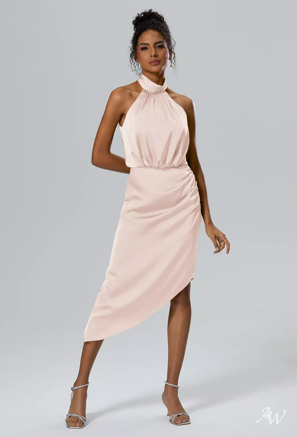 AW Ulrica Dress, Green Olive Crystal Satin Satin Charmeuse Knee Length  Halter Neckline Bridesmaid Dresses | AW.Bridal