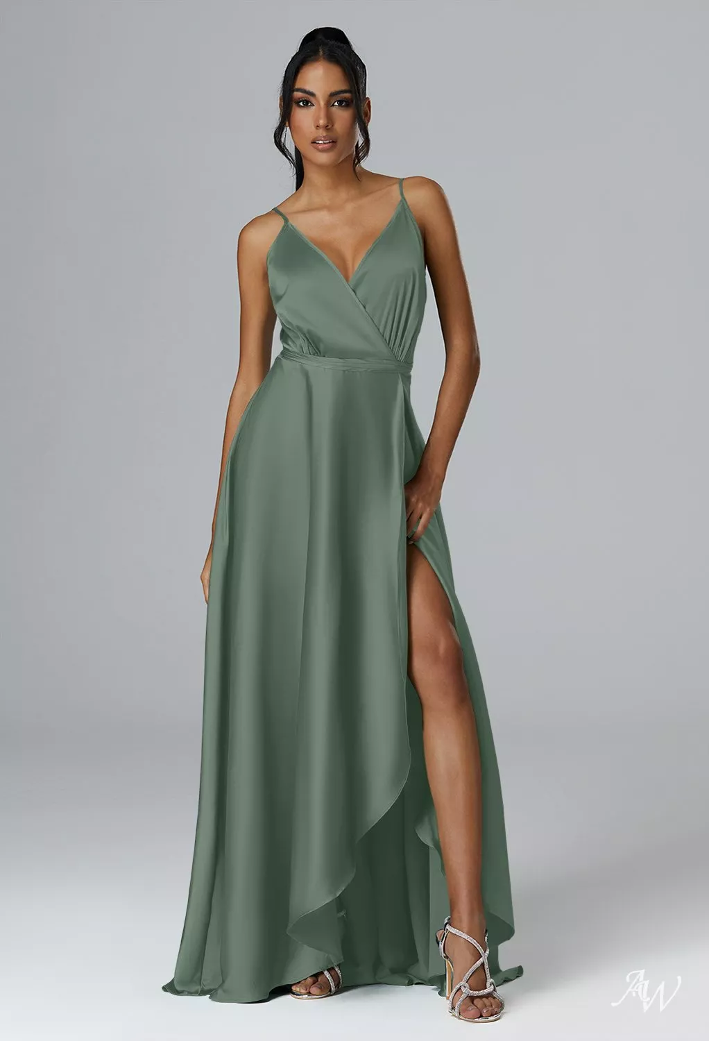 AW Sage Dress, Mottled Moss Green Satin Charmeuse Floor Length V-Neck  Bridesmaid Dresses | AW.Bridal