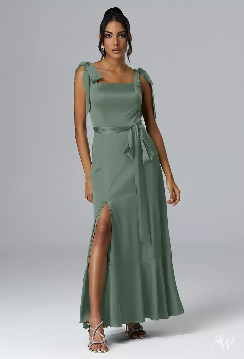 olive grey bridesmaid dress Wedtrend Women Elegant Olive Bridesmaid Dress A Line V Neck Short Sleeves  Asymmetrical Guest Dress with Ruffles – WEDTREND
