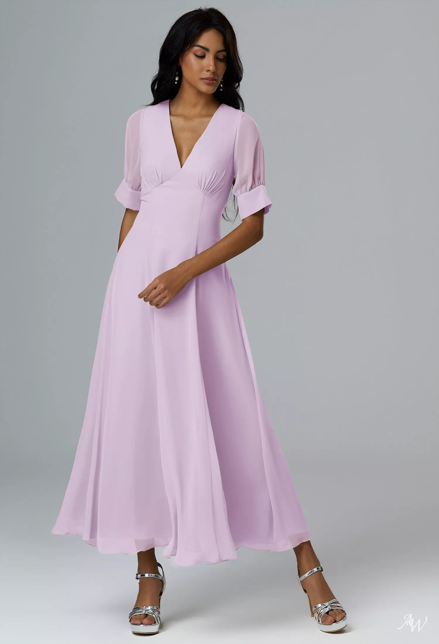 AW.Bridal A-line V-Neck Ankle Length Short Sleeves Long Bridesmaid Dresses Dress Lilac Size 6