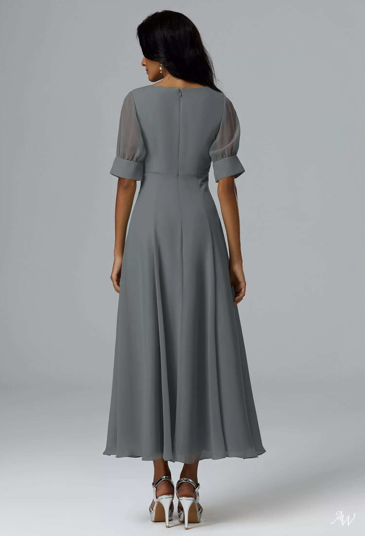 AW.Bridal A-Line V-Neck Ankle Length Short Sleeves Long Bridesmaid Dresses Dress Steel Gray Size 16