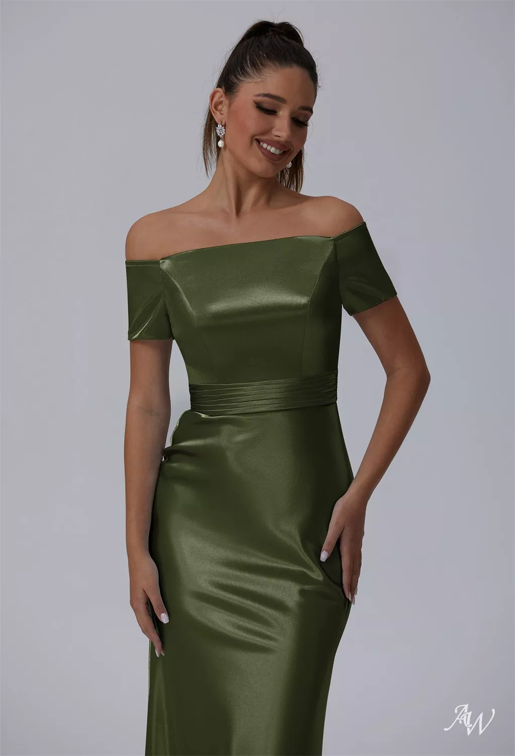 AW.Bridal Mermaid Straight Neckline Floor Length Off The Shoulder Short Sleeves Crystal Satin Long Bridesmaid Dresses Dress Green Olive Size 18