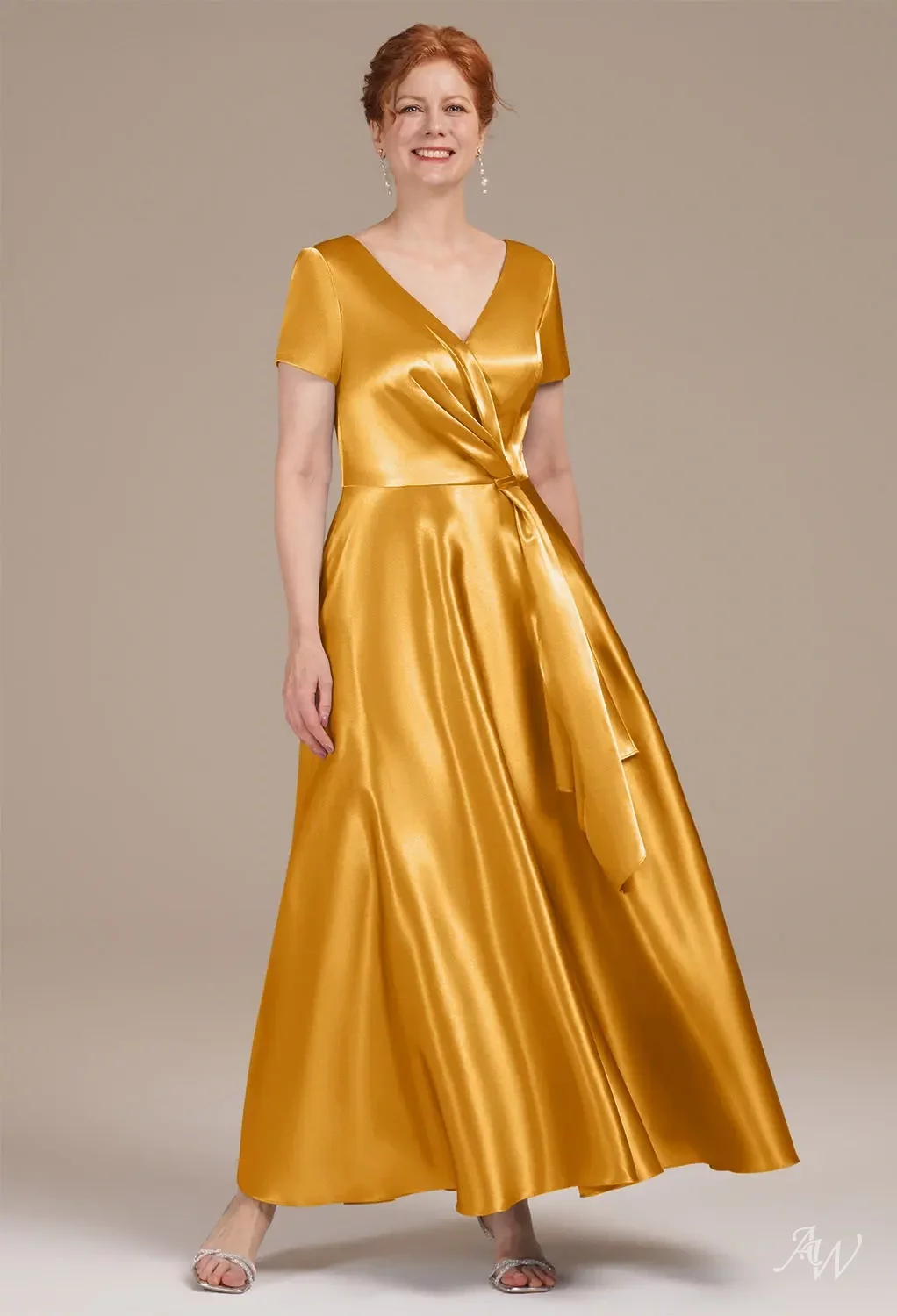 AW.Bridal A-Line V-Neck Ankle Length Short Sleeves Crystal Satin Mother of The Bride Dresses Dress Mango Size 18