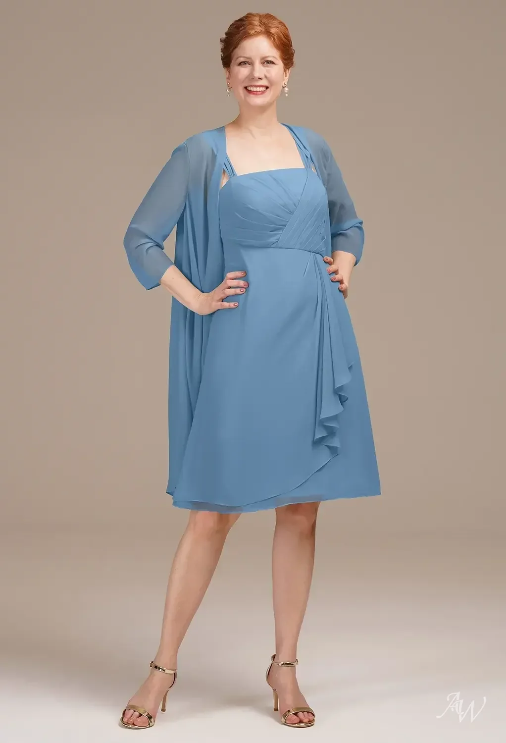 AW.Bridal A-line Square Neckline Knee Length Long Sleeves Mother of the Bride Dresses Dress Dusty Blue Size 8