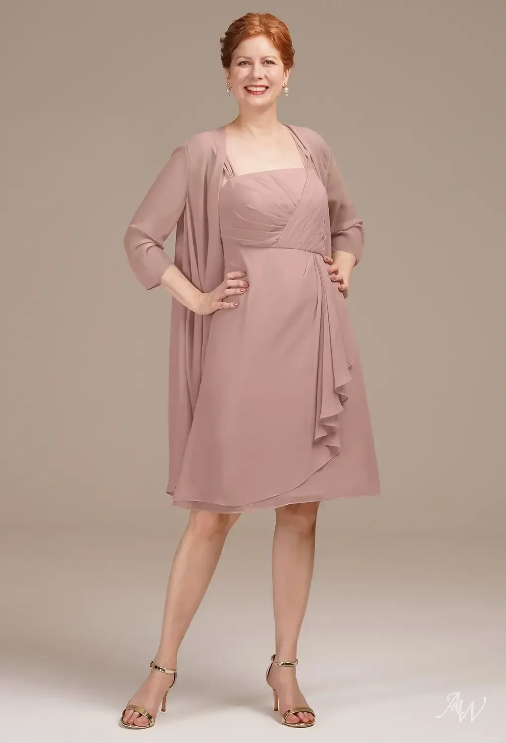 Dusty Pink Knee Length Dress Plus Size A-line Square Neckline Knee Length  Long Sleeves Mother