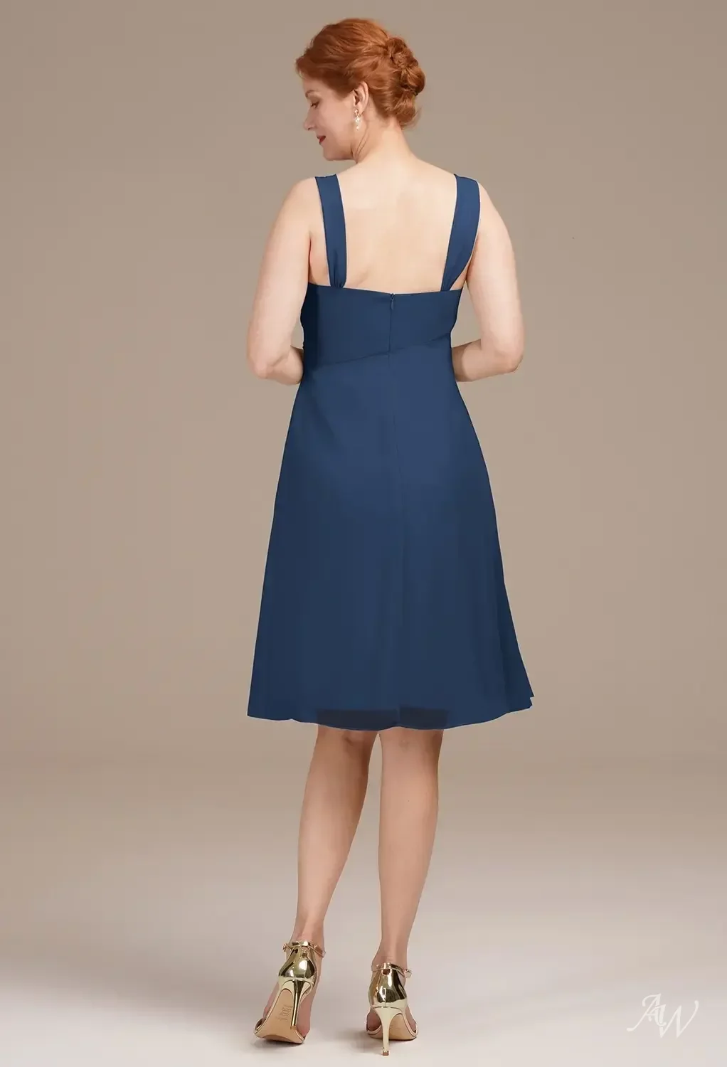 AW.Bridal A-line Square Neckline Knee Length Long Sleeves Mother of the Bride Dresses Dress Navy Size 18
