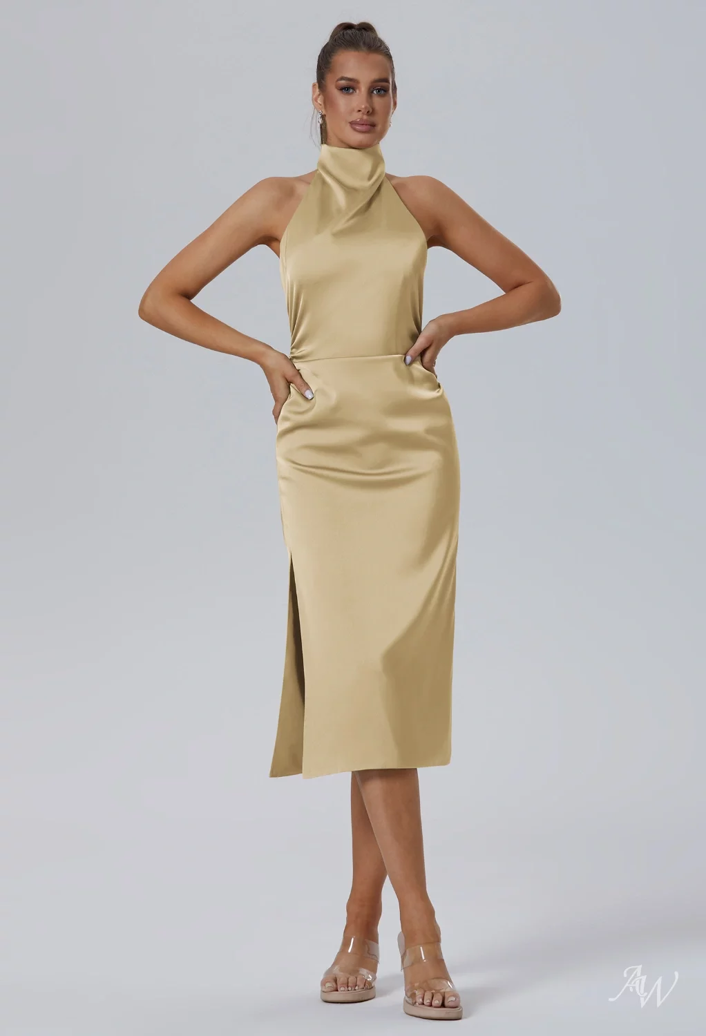 AW.Bridal A-Line Turtleneck Tea Length Sleeveless Satin Backless Split Wedding Guest Dresses Dress Light Gold Size 18