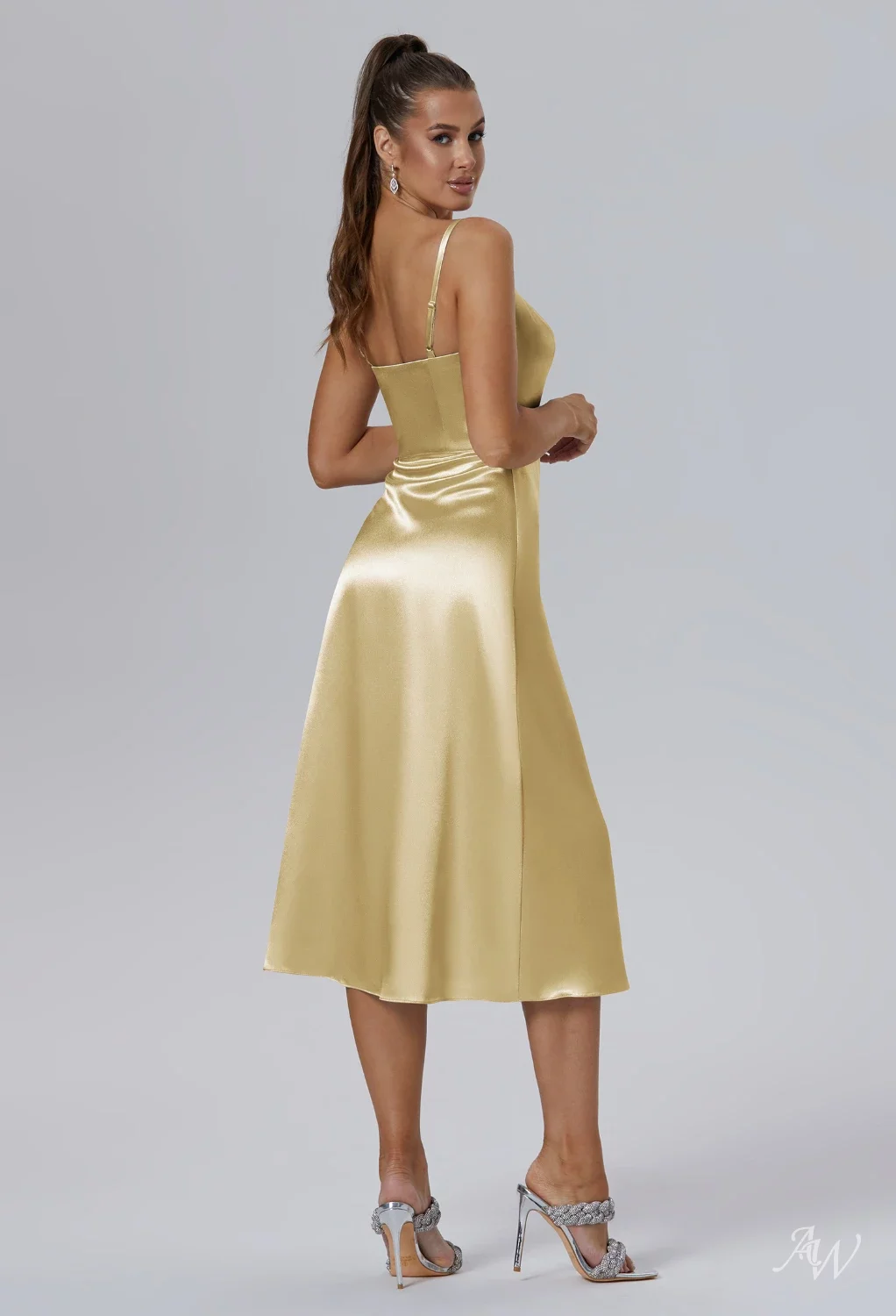 AW.Bridal A-line Square Neckline Tea Length Sleeveless Crystal Satin Split Wedding Guest Dresses Light Gold Size 8