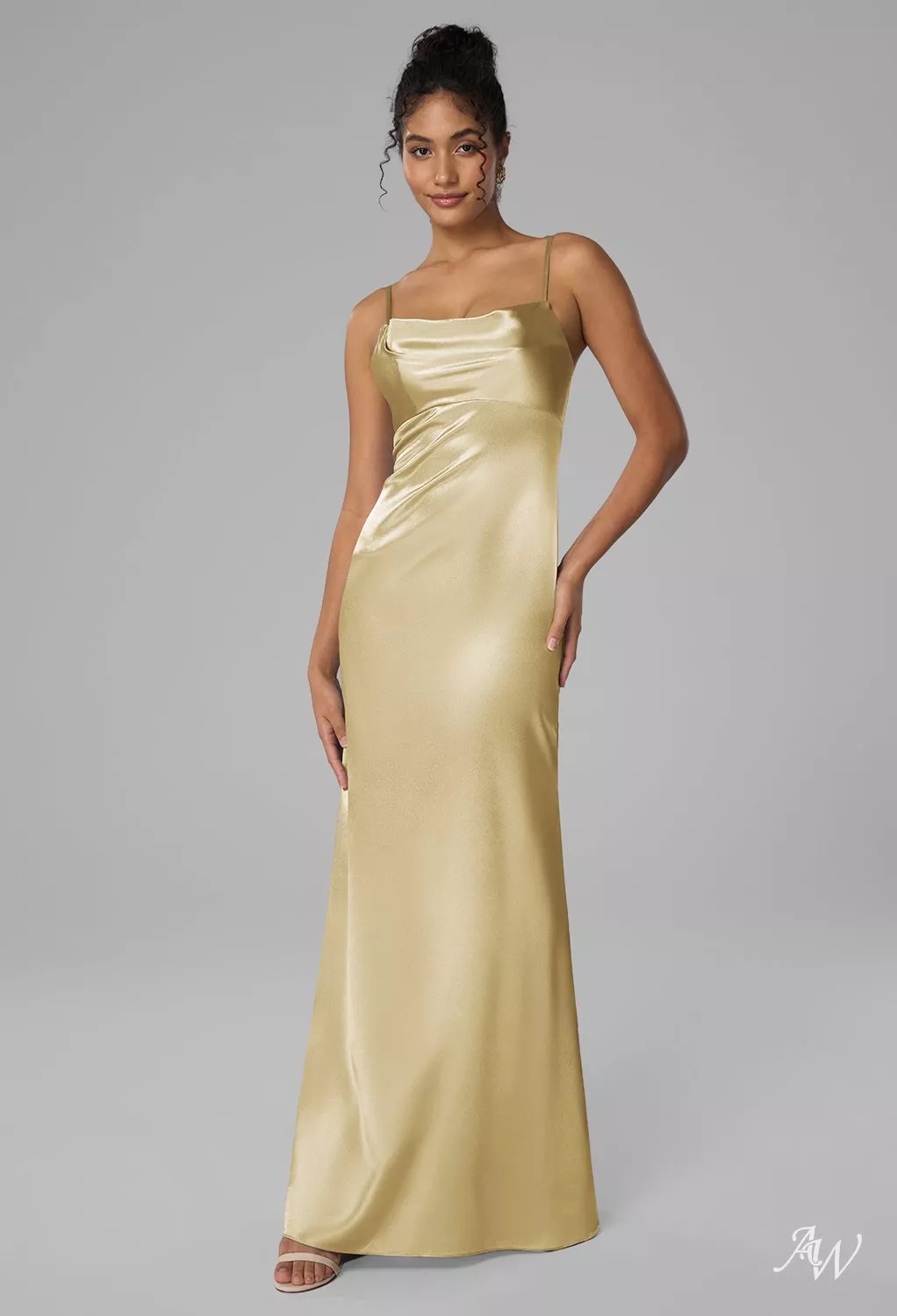 AW.Bridal Mermaid Scoop/U-Neck Floor Length Sleeveless Spaghetti Straps Crystal Satin Long Bridesmaid Dresses Dress Light Gold Size 8