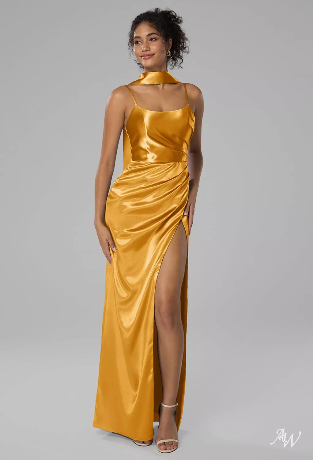 AW Delores Dress, Champagne Crystal Satin Satin Charmeuse Floor Length  Scoop/U-Neck Bridesmaid Dresses | AW.Bridal