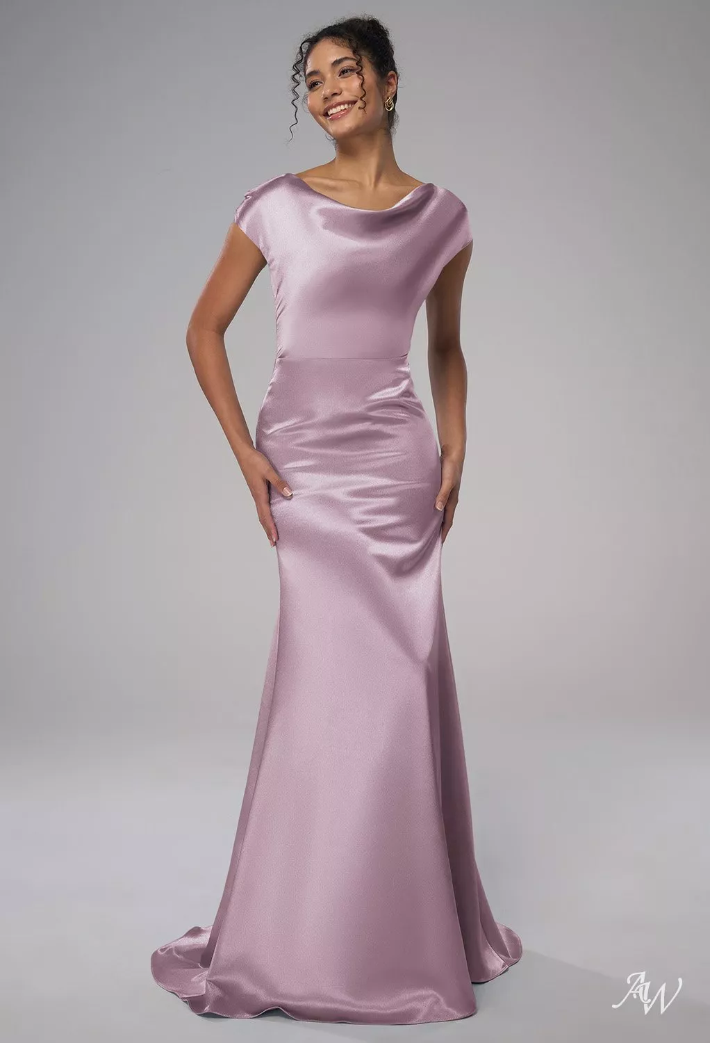 AW.Bridal Mermaid Cowl Neckline Floor Length Crystal Satin Long Bridesmaid Dresses Dress Dusty Rose Size 8
