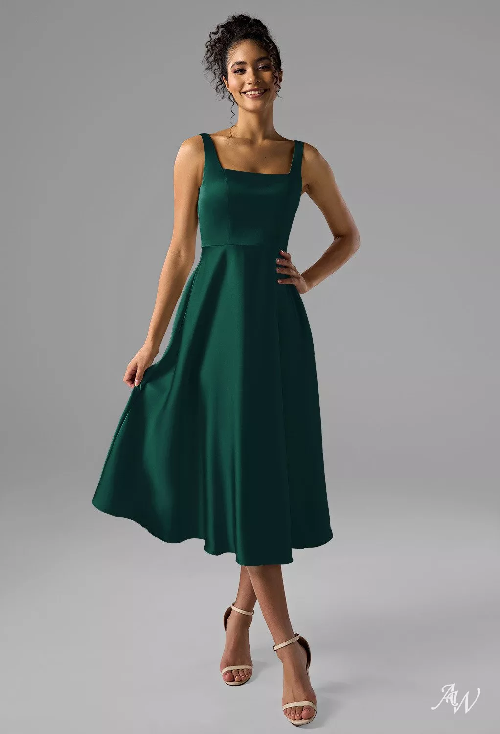 AW.Bridal A-line Square Neckline Tea Length Satin Long Bridesmaid Dresses Dress Hunter Green Size 8