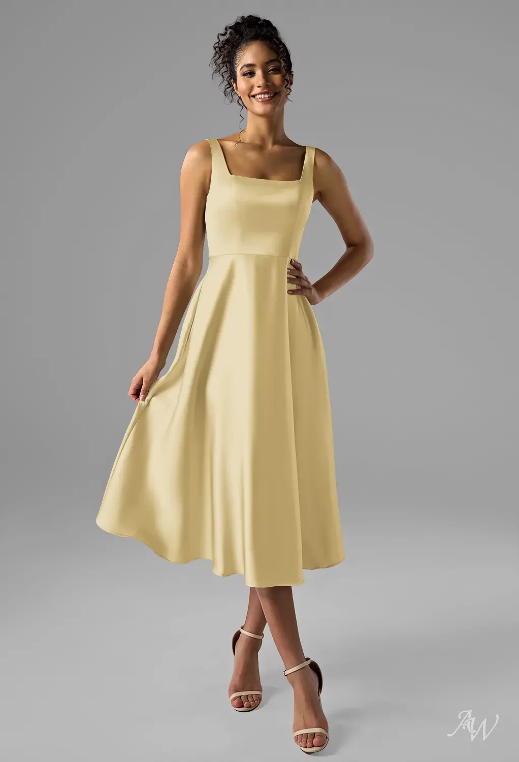 AW.Bridal A-line Square Neckline Tea Length Satin Long Bridesmaid Dresses Dress Sand Gold Size 4