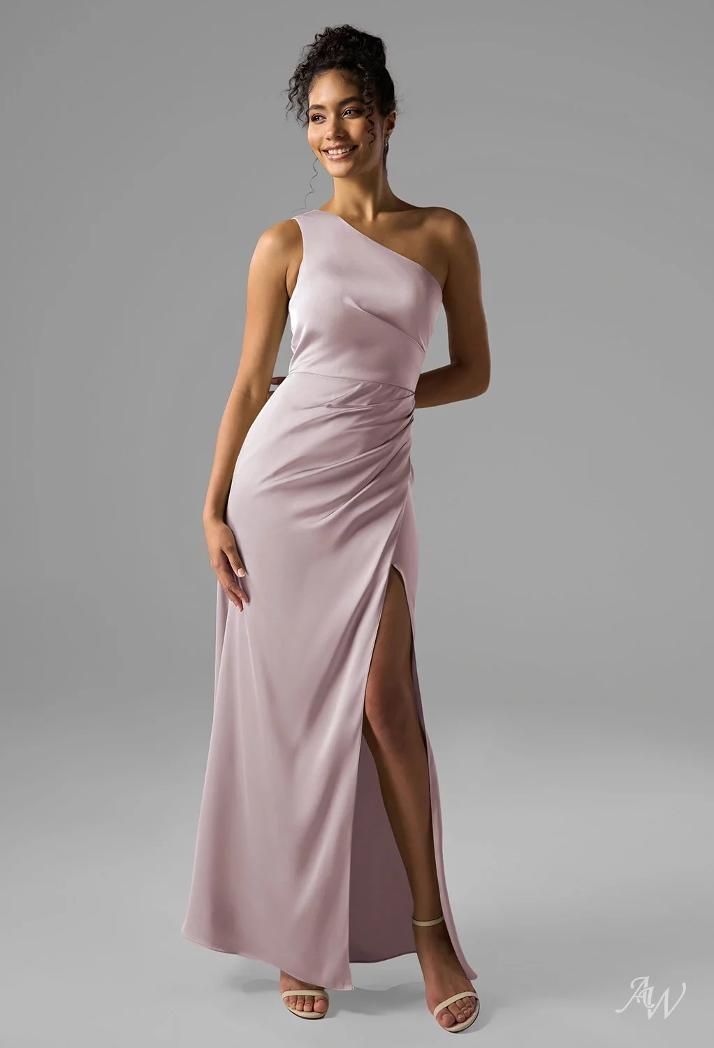 AW.Bridal Mermaid One Shoulder Floor Length Satin Ruching Split Long Bridesmaid Dresses Dress Dusty Rose Size 8