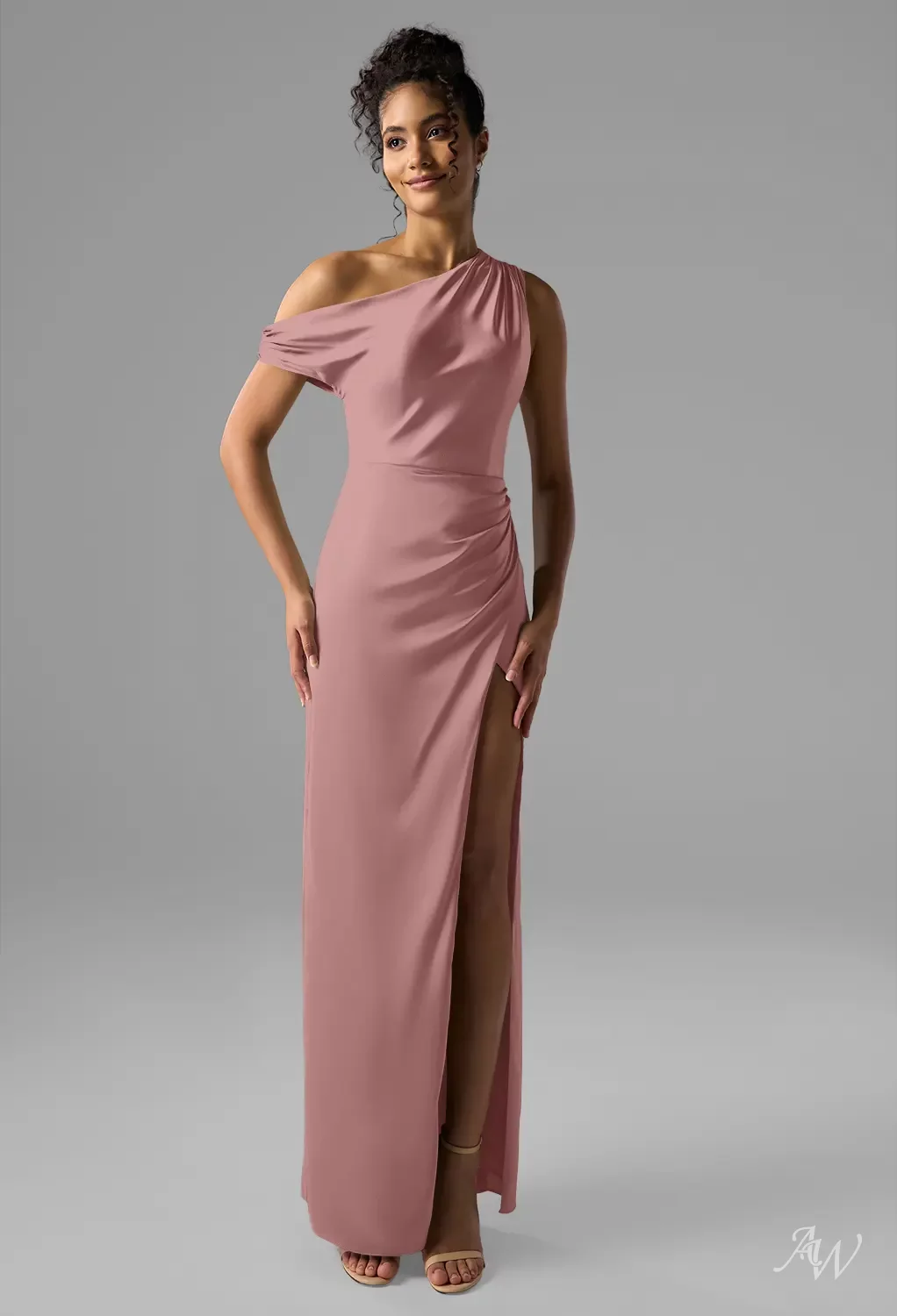 AW.Bridal Column One Shoulder Floor Length Sleeveless Satin Ruching Split Long Bridesmaid Dresses Dress Muted Terracotta Size 4