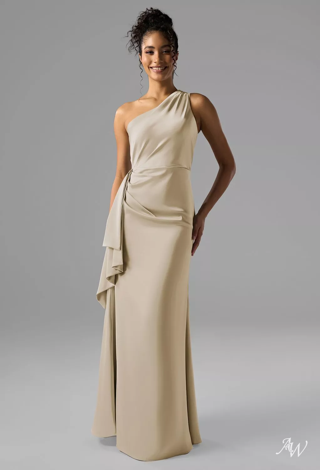 AW.Bridal A-Line One Shoulder Floor Length Satin Plus Size Dresses Dress Champagne Plus Size 18