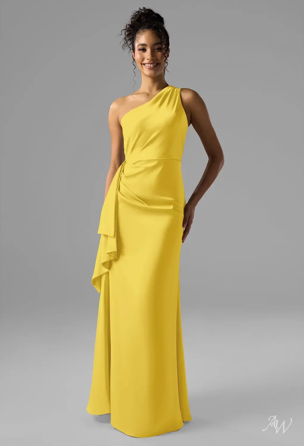 AW.Bridal A-line One Shoulder Floor Length Satin Long Bridesmaid Dresses Dress Daffodil Size 4