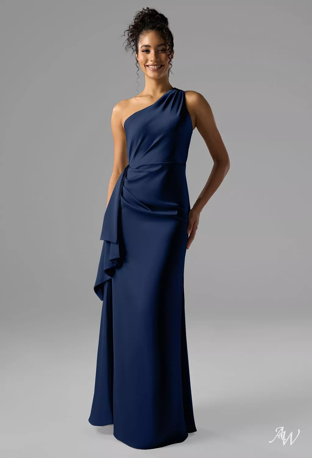 AW.Bridal A-Line One Shoulder Floor Length Satin Long Bridesmaid Dresses Dress Dark Navy Size 8