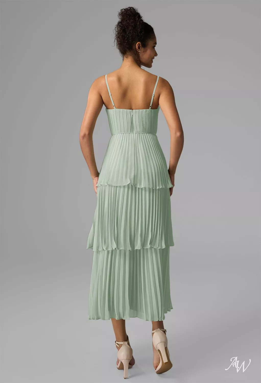 AW.Bridal A-Line Sweetheart Neckline Tea Length Sleeveless Spaghetti Straps Pleat Ruffles Tiered Wedding Guest Dresses Dress Sage Green Size 8