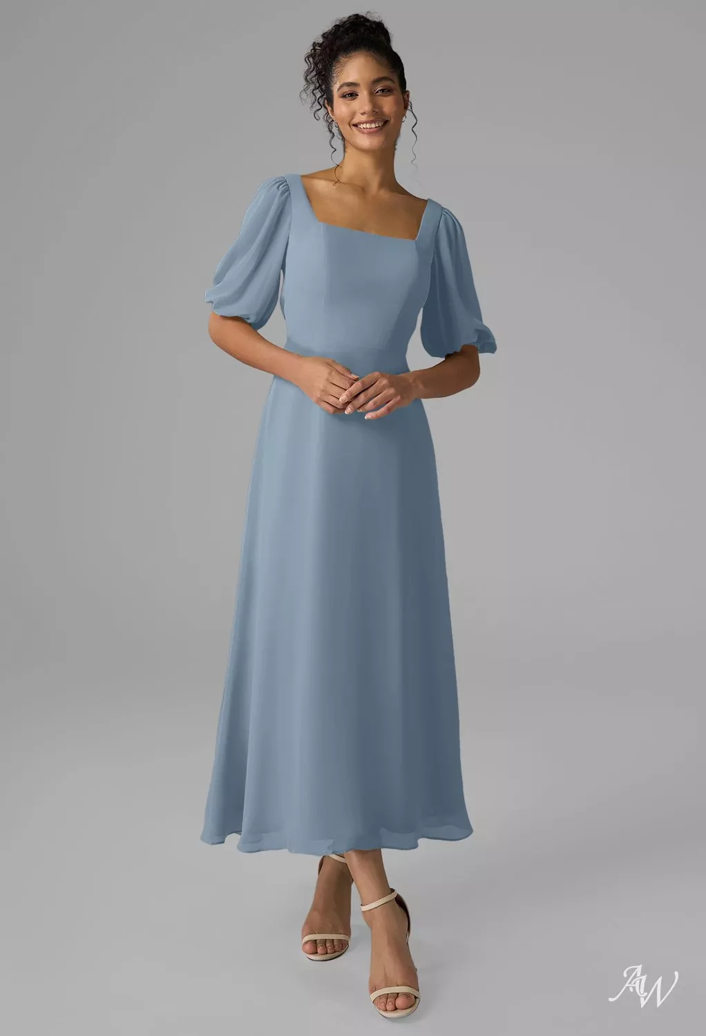 AW.Bridal A-line Square Neckline Ankle Length Chiffon Short Bridesmaid Dresses Dress Light Dusty Blue Size 8