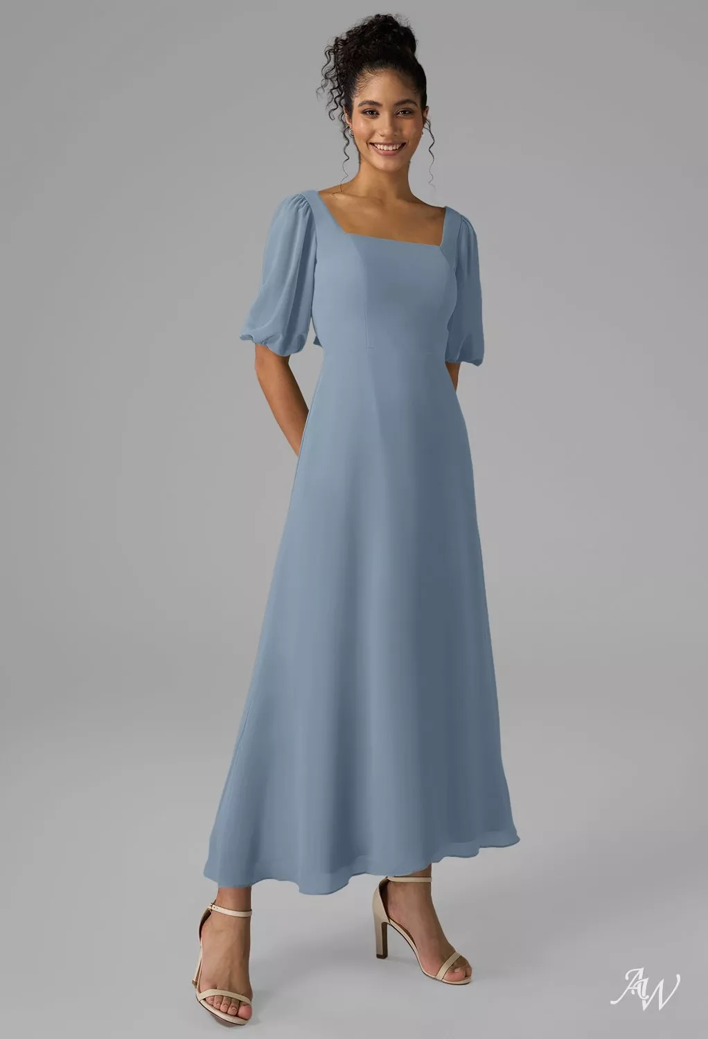 AW Rowan Dress, Rose Pink Chiffon Satin Charmeuse Ankle Length Square  Neckline Bridesmaid Dresses | AW.Bridal