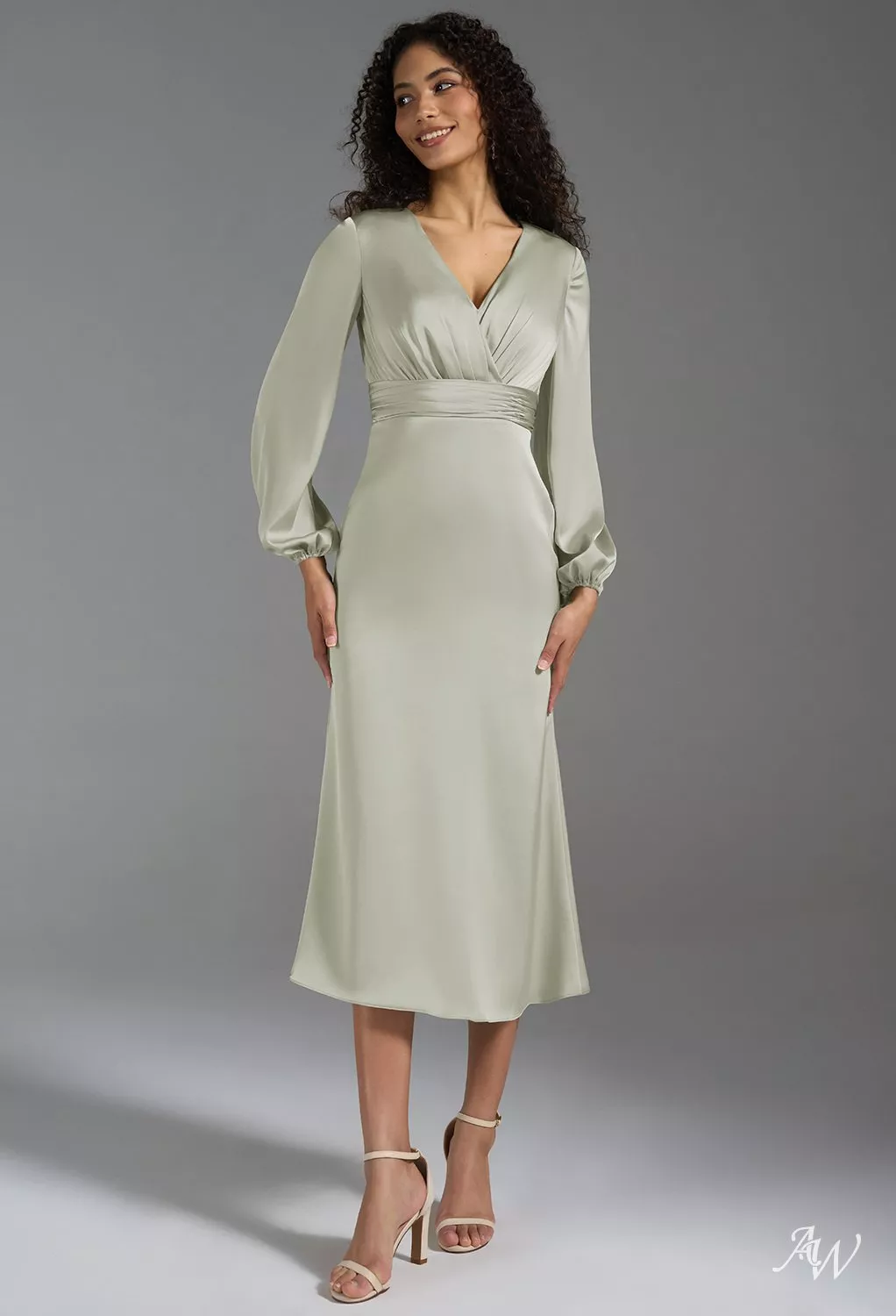 AW.Bridal Mermaid V-Neck Tea Length Satin Short Bridesmaid Dresses Dress Sage Green Size 18