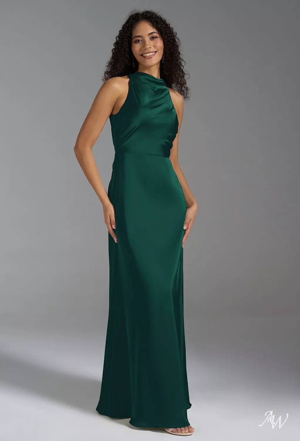 AW.Bridal A-line Halter Neckline Floor Length Satin Crisscross Back Long Bridesmaid Dresses Dress Hunter Green Size 4