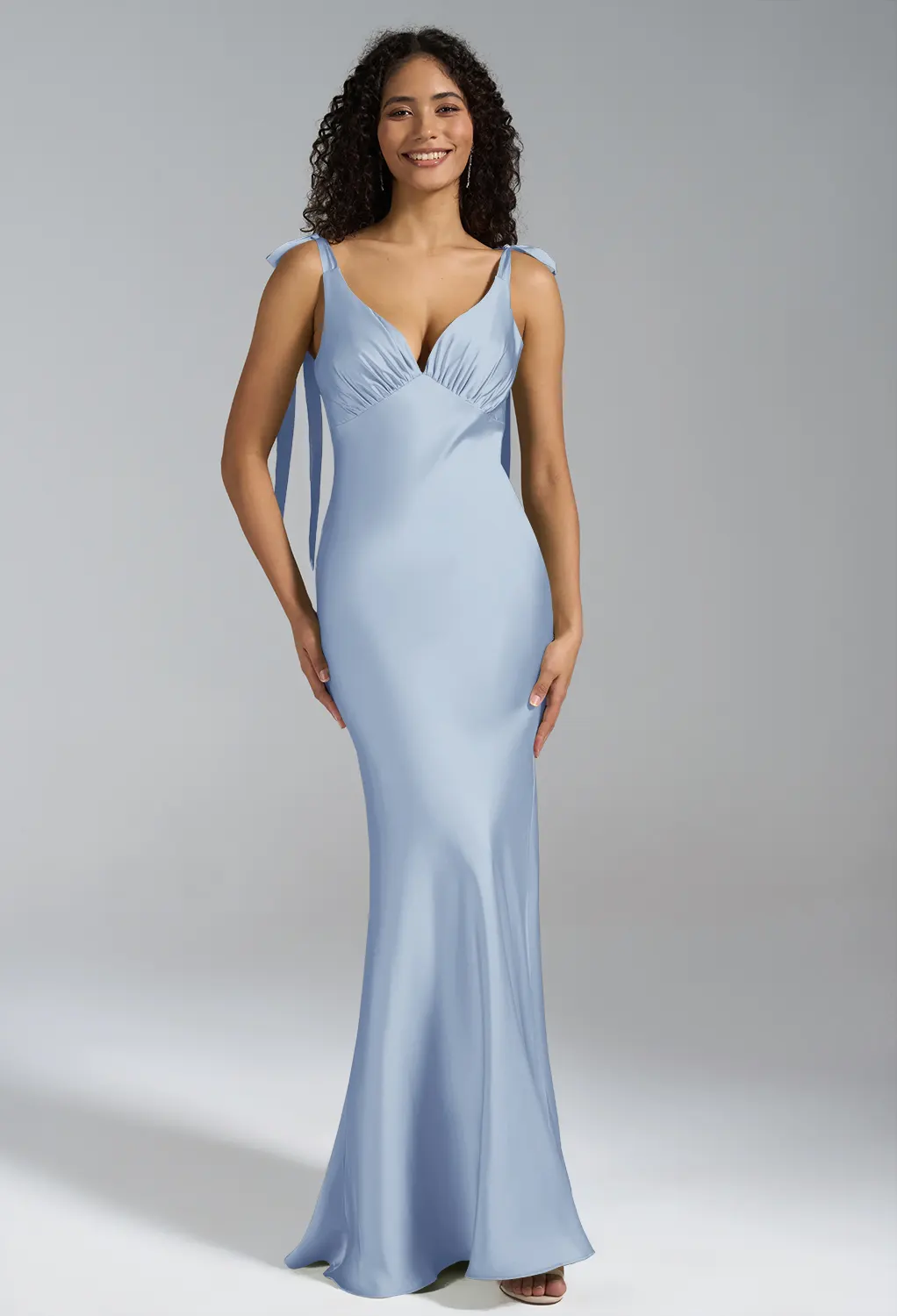 blue satin dress wedding guest Dusty Blue Sweetheart Evening Prom Dress Mermaid Slit Long Wedding Guest Dress main image 0