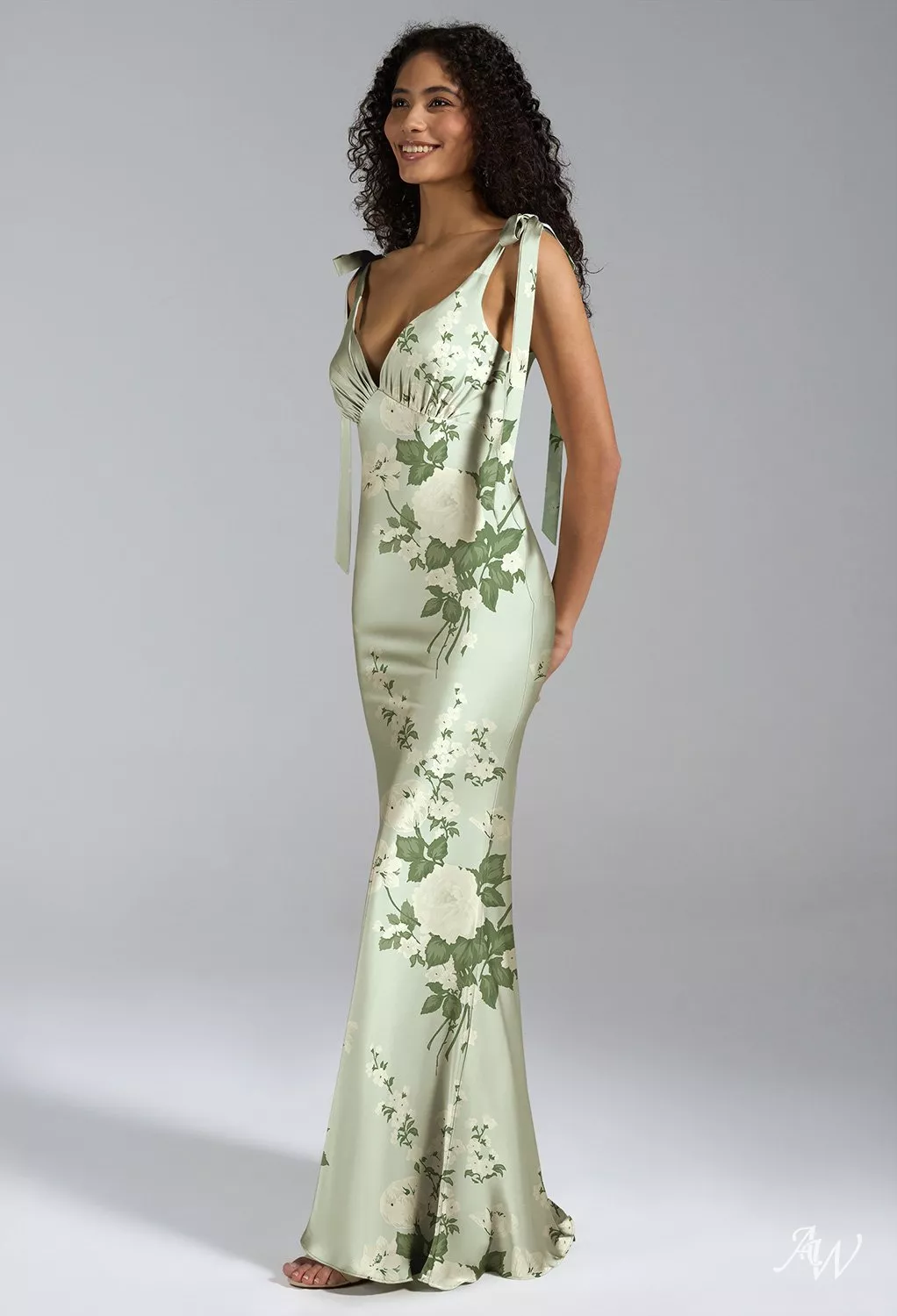 AW.Bridal Mermaid V-Neck Floor Length Sleeveless Satin Bows Floral Bridesmaid Dresses Floral Dress Mottled Moss Green Size 16